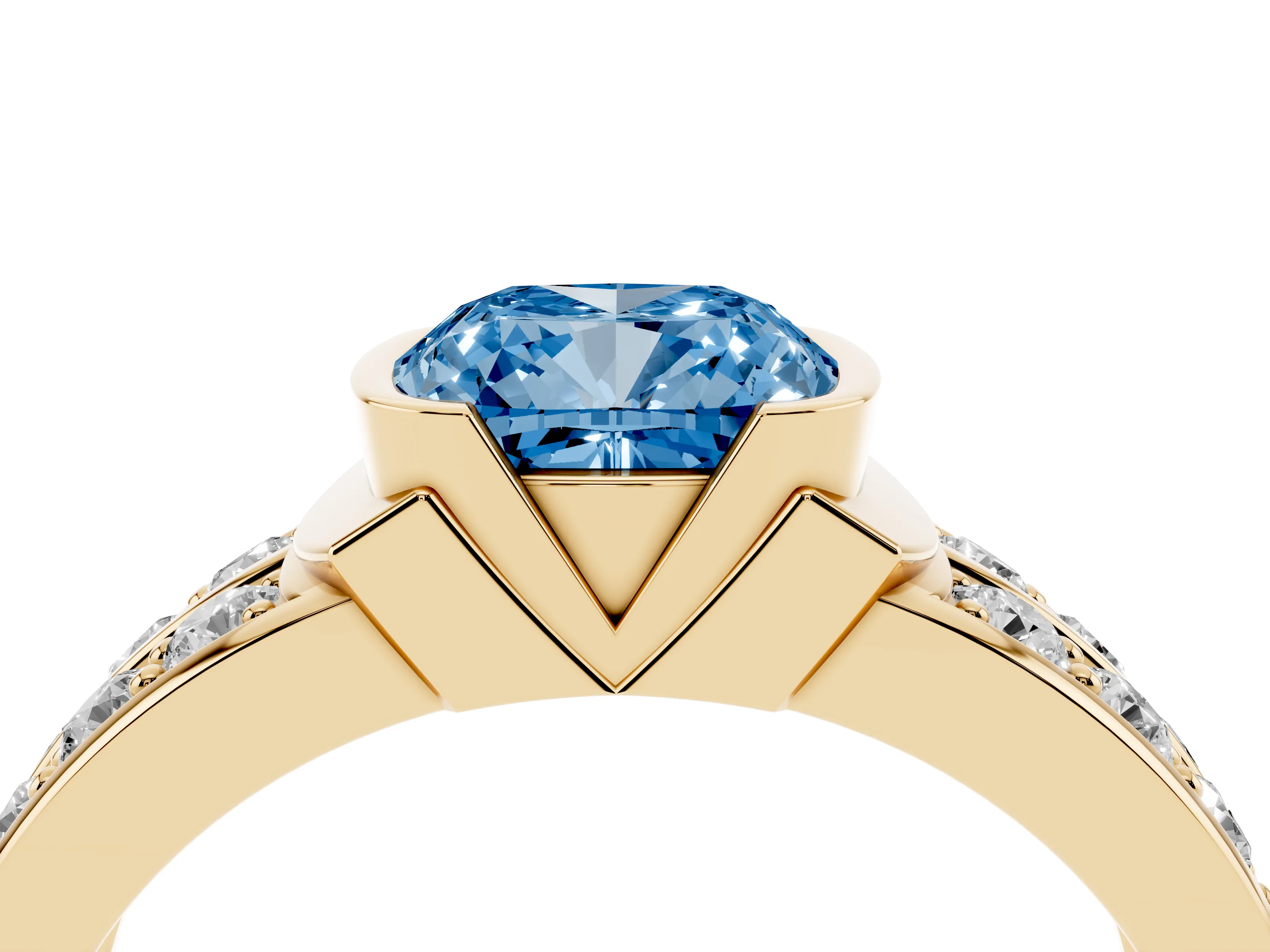 Fancy Blue Cushion Cut Diamond Wide Channel Set Band Ring Set in Yellow gold with Bezel Setting