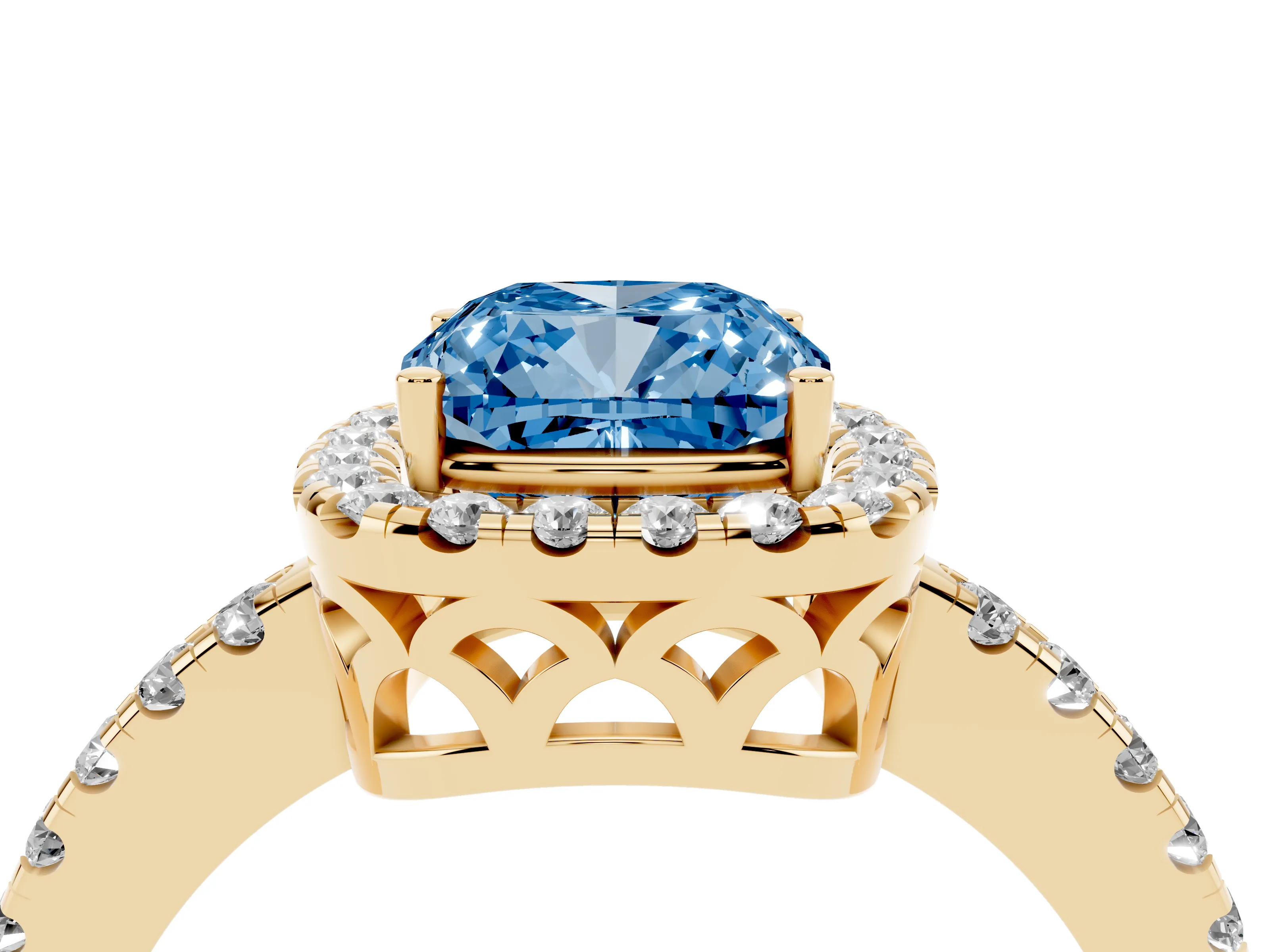 Fancy Blue Cushion Cut Diamond Pavé Band Halo Engagement Ring Set in Yellow gold with Prong Setting