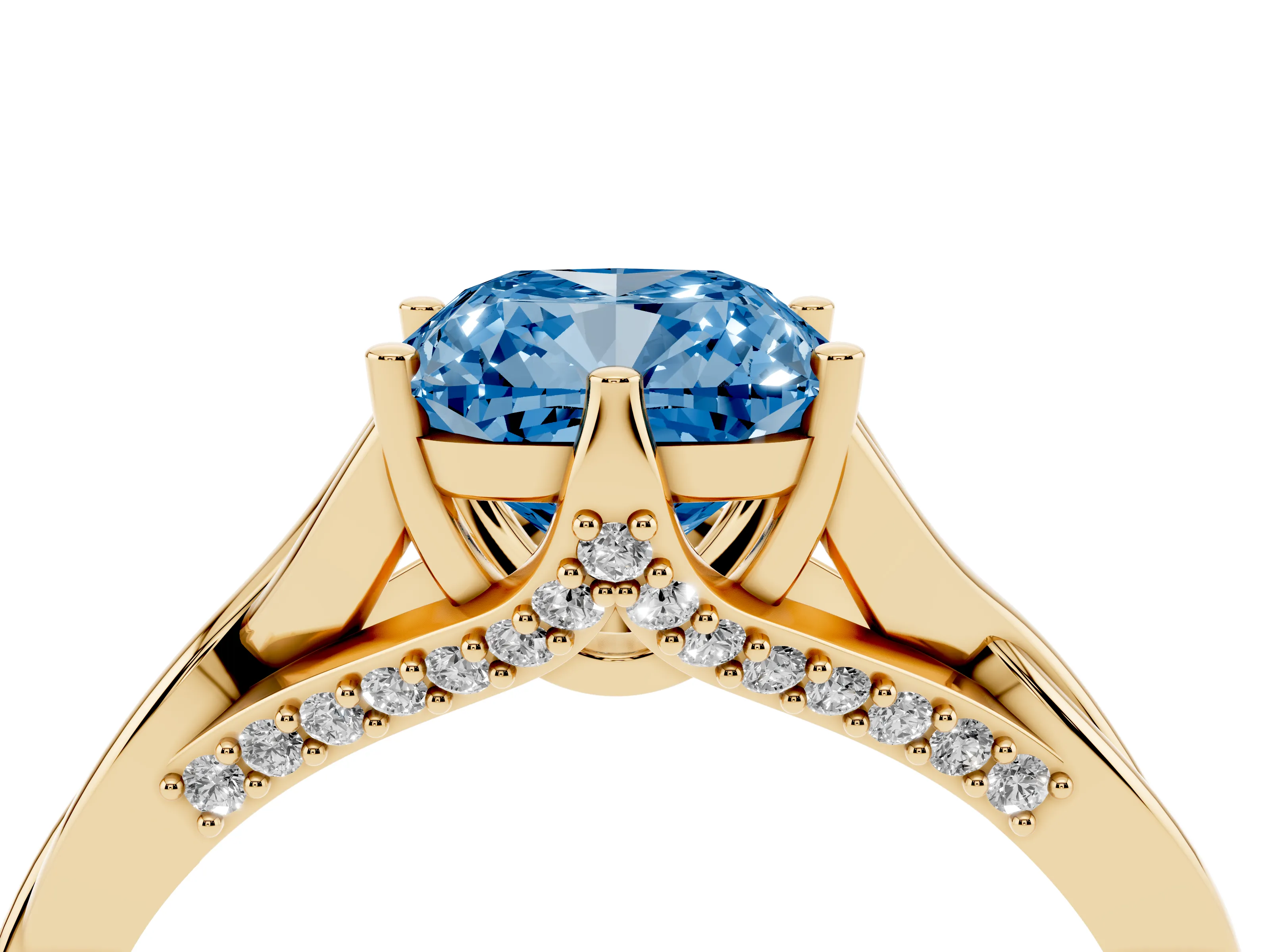 Fancy Blue Cushion Cut Diamond Intertwined Twist Band Solitaire Ring Set in Yellow gold with Prong Setting