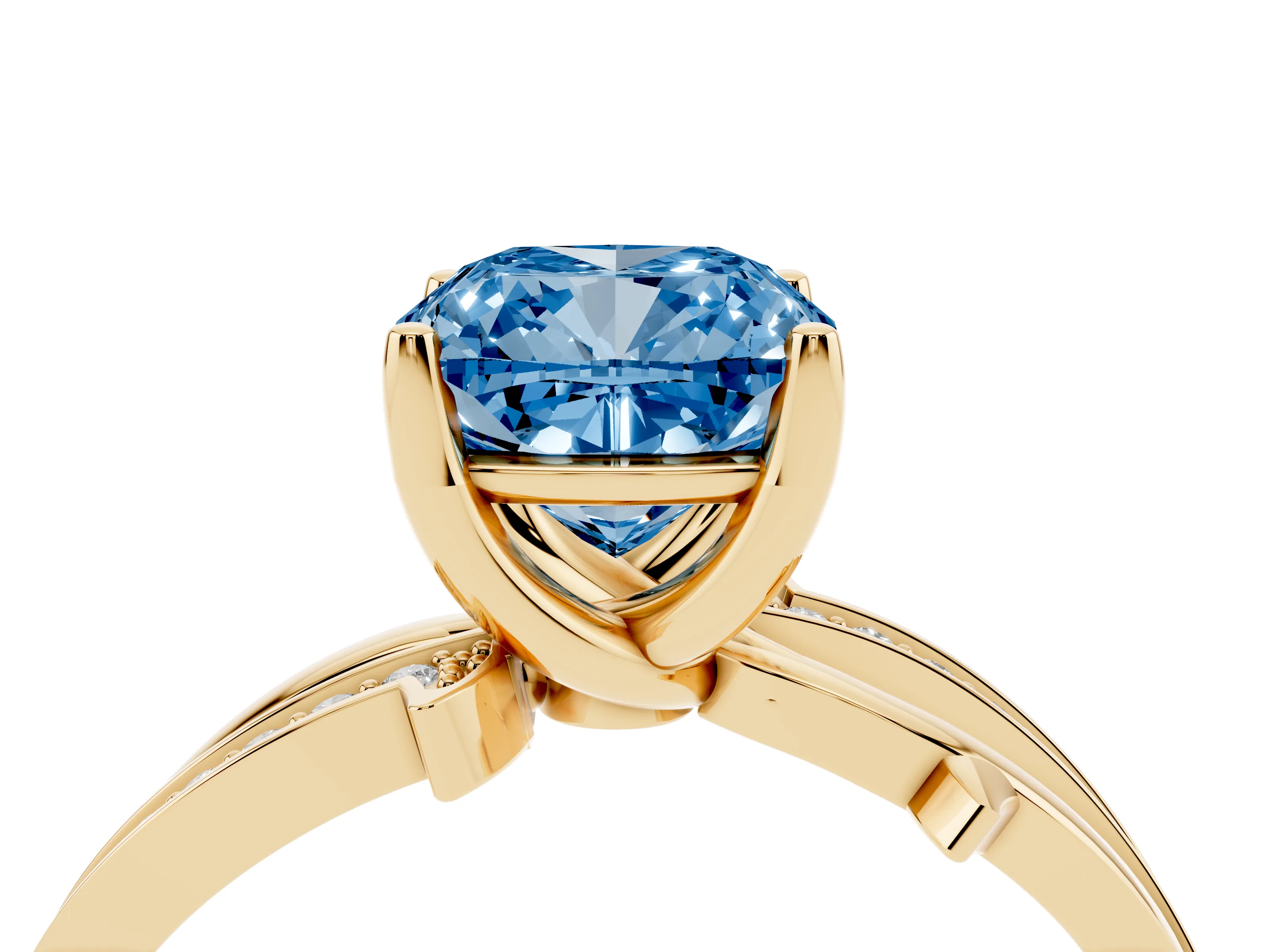 Fancy Blue Cushion Cut Diamond Pavé Twist Band Solitaire Ring Set in Yellow gold with Prong Setting