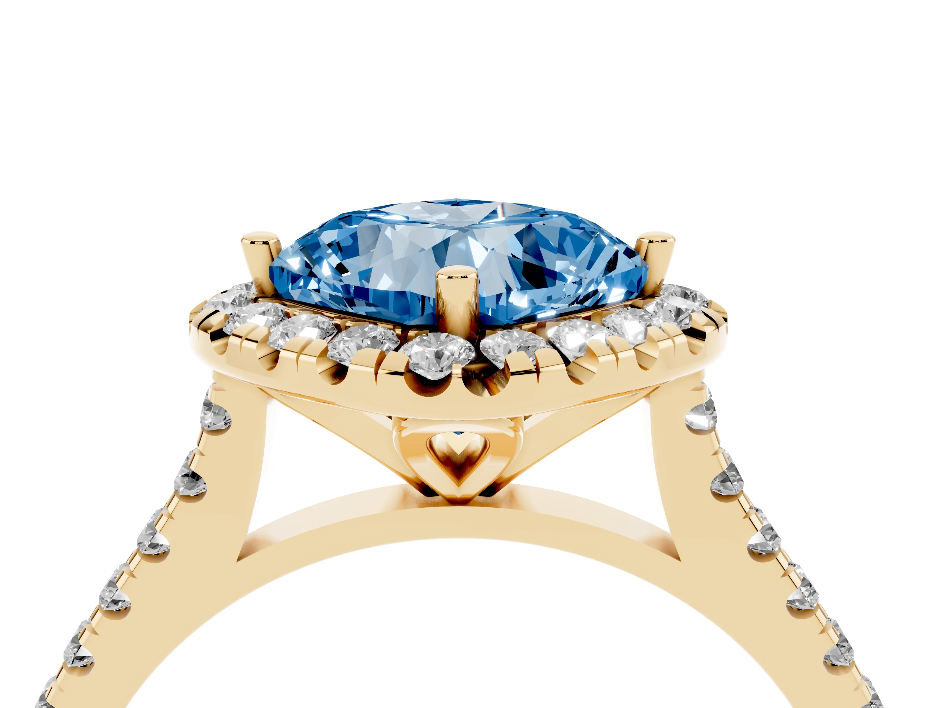 Fancy Blue Cushion Cut Diamond Cushion Halo Ring Set in Yellow gold with Pavé Band