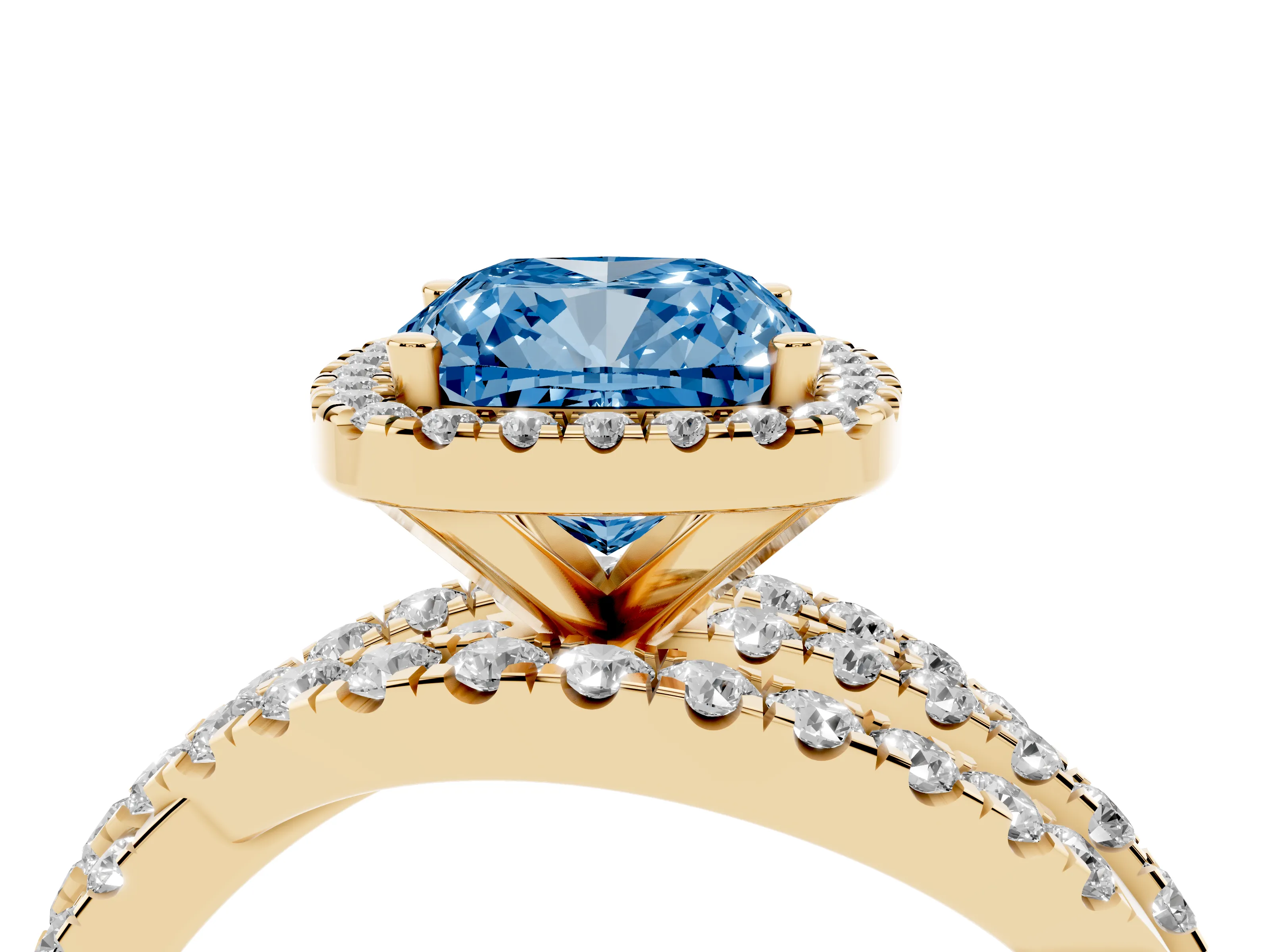 Fancy Blue Cushion Cut Diamond Halo Ring Set in Yellow gold with Round Crossover Split Shank and Prong Setting