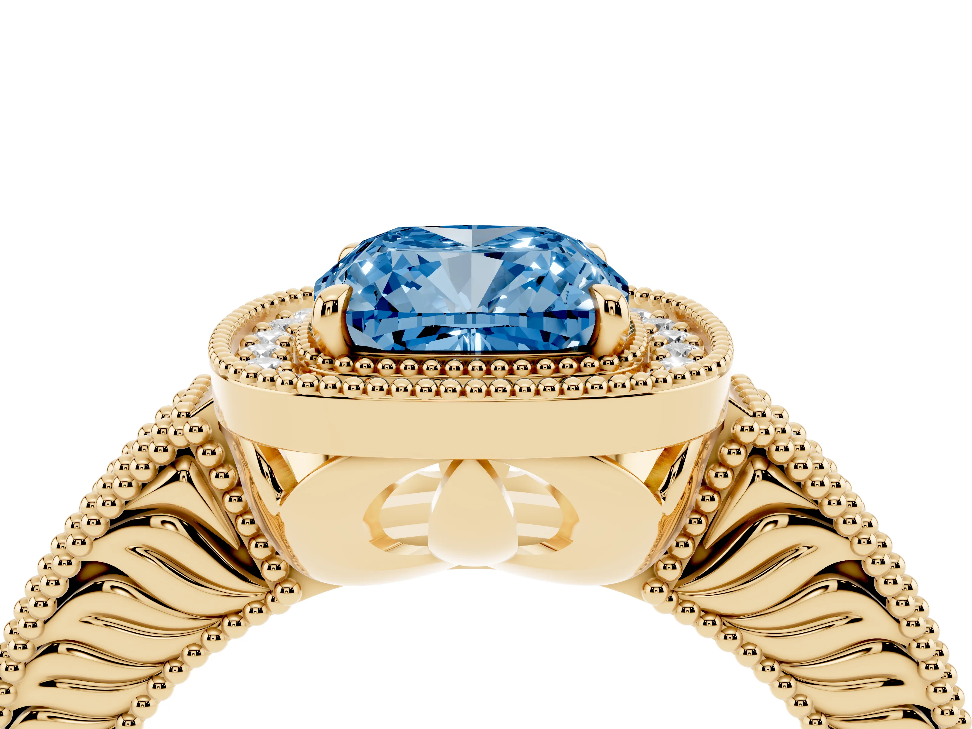 Fancy Blue Cushion Cut Diamond Halo Ring Set in Yellow gold with Round Accent Halo, Pavé Band and Prong Setting