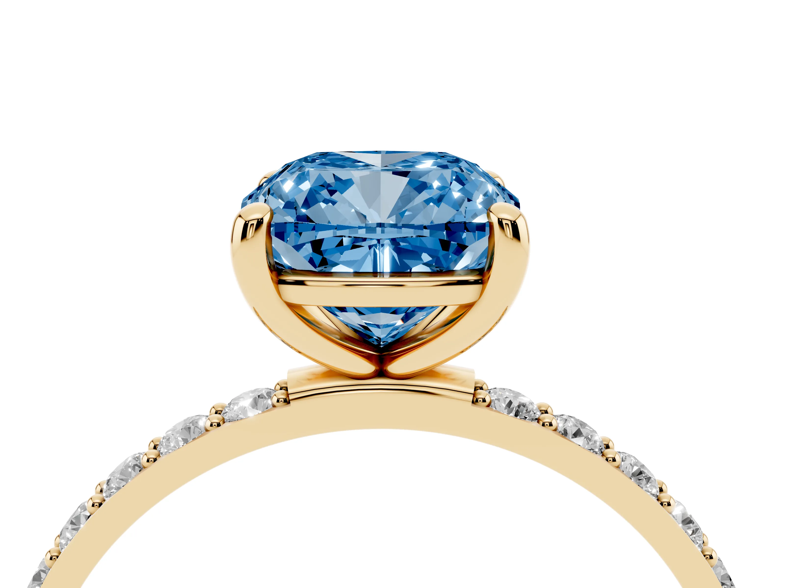 Fancy Blue Cushion Cut Diamond Solitaire Ring Set in Yellow gold with Round Pavé Band and Prong Setting