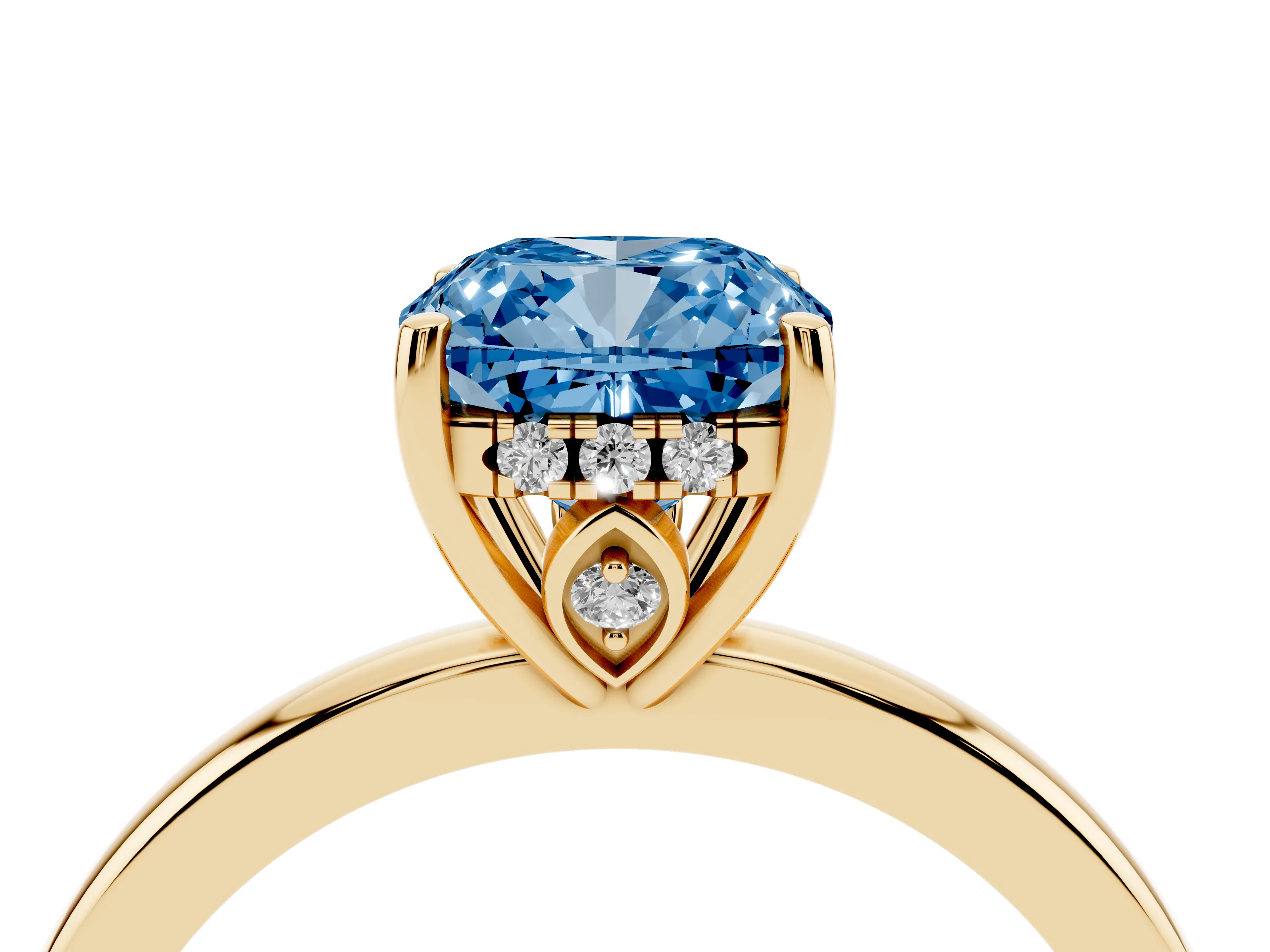 Fancy Blue Cushion Cut Diamond Solitaire Ring Set in Yellow gold with Plain Band and Prong Setting
