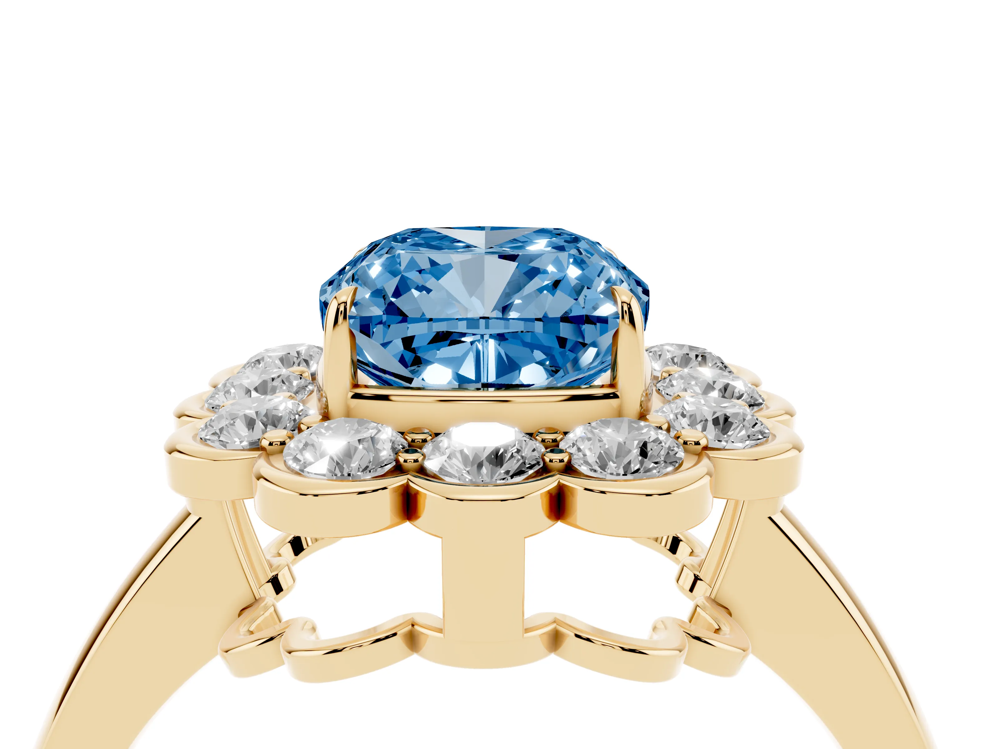 Fancy Blue Cushion Cut Diamond Halo Cluster Engagement Ring Set in Yellow gold with Solitaire Band and Prong Setting