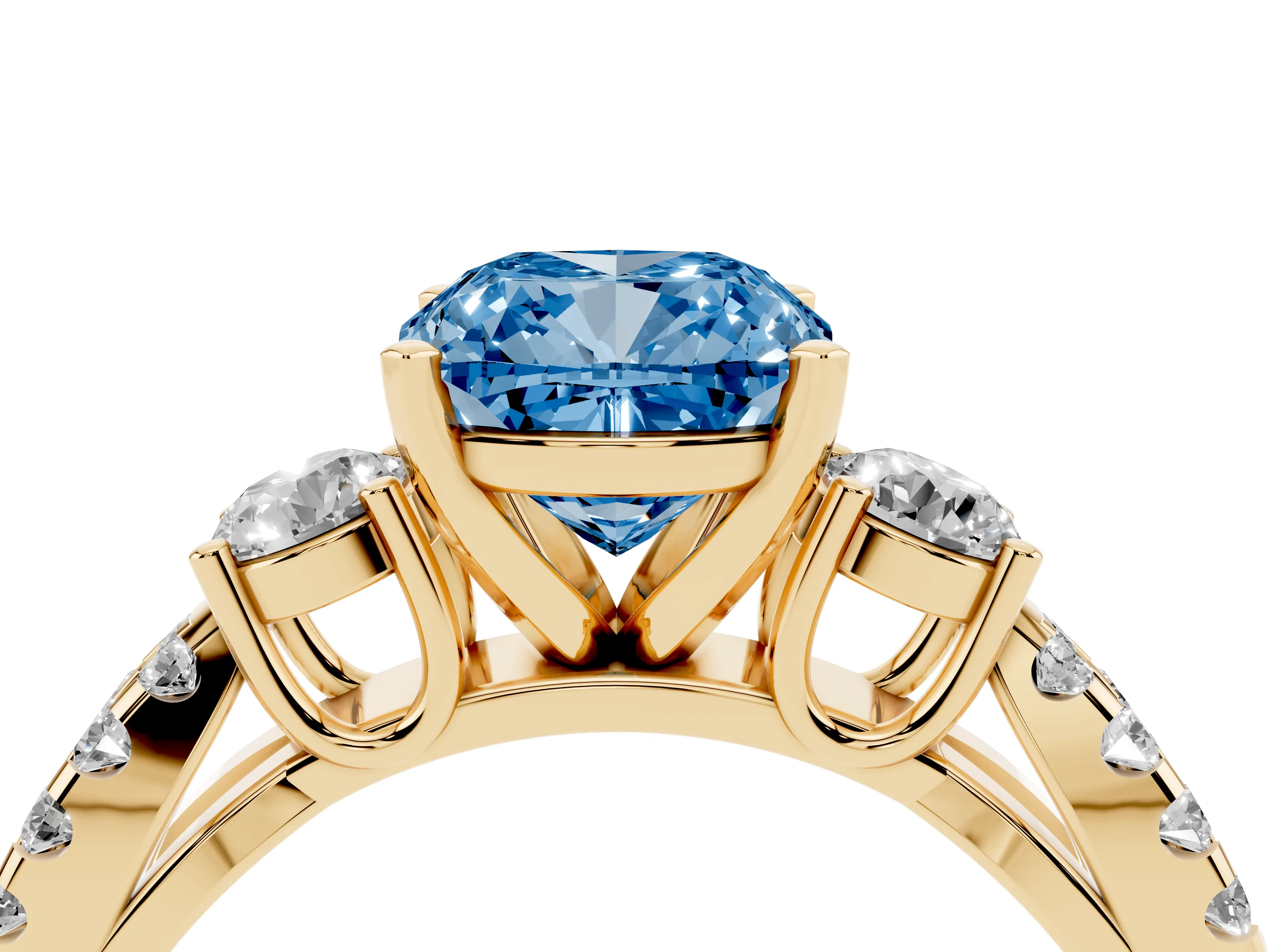 Fancy Blue Cushion Cut Diamond Three-Stone Ring Set in Yellow gold with Pavé Split Shank and Prong Setting