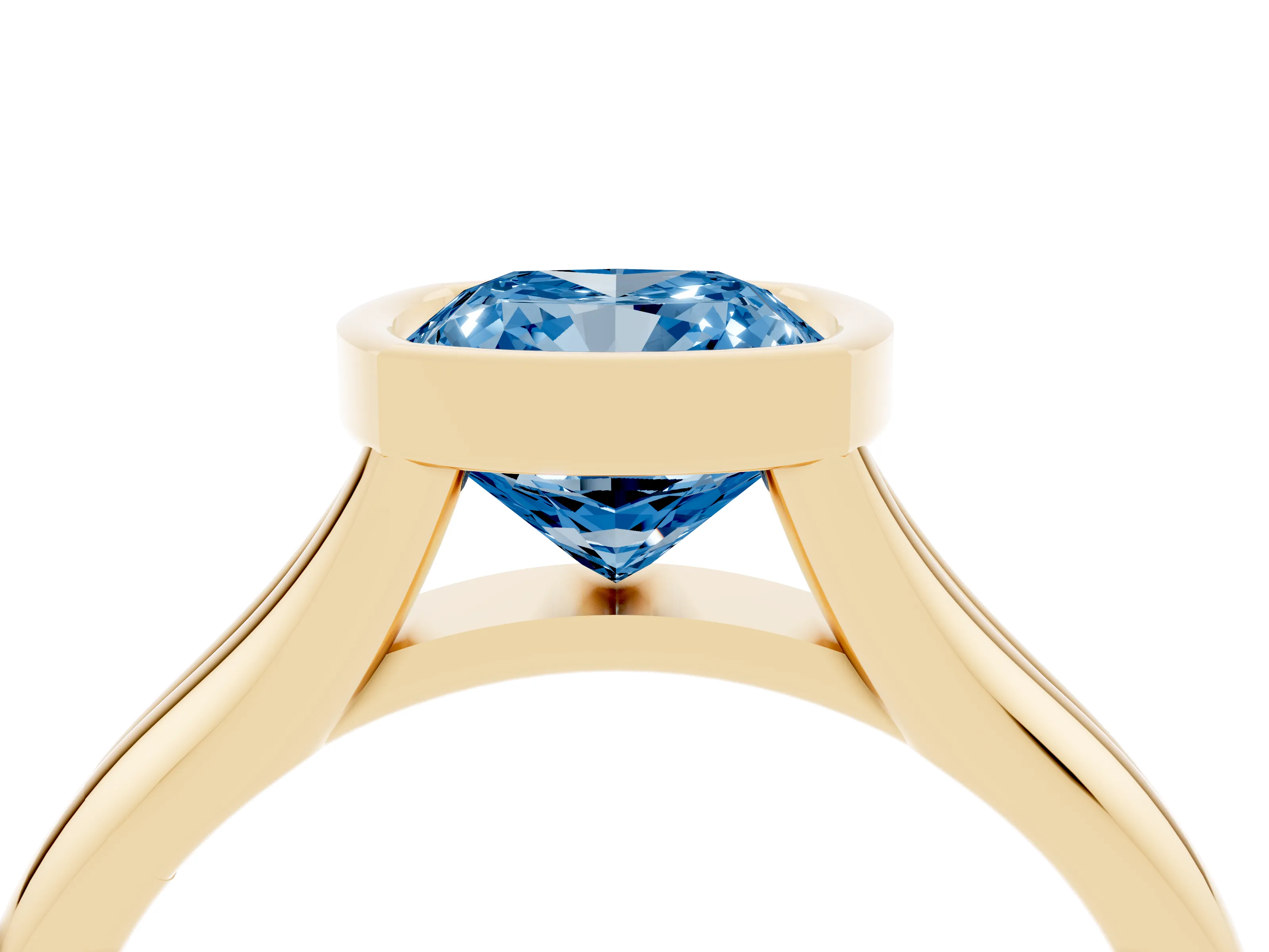 Fancy Blue Bezel Set Cushion Cut Diamond Solitaire Ring Set in Yellow gold with Smooth Band