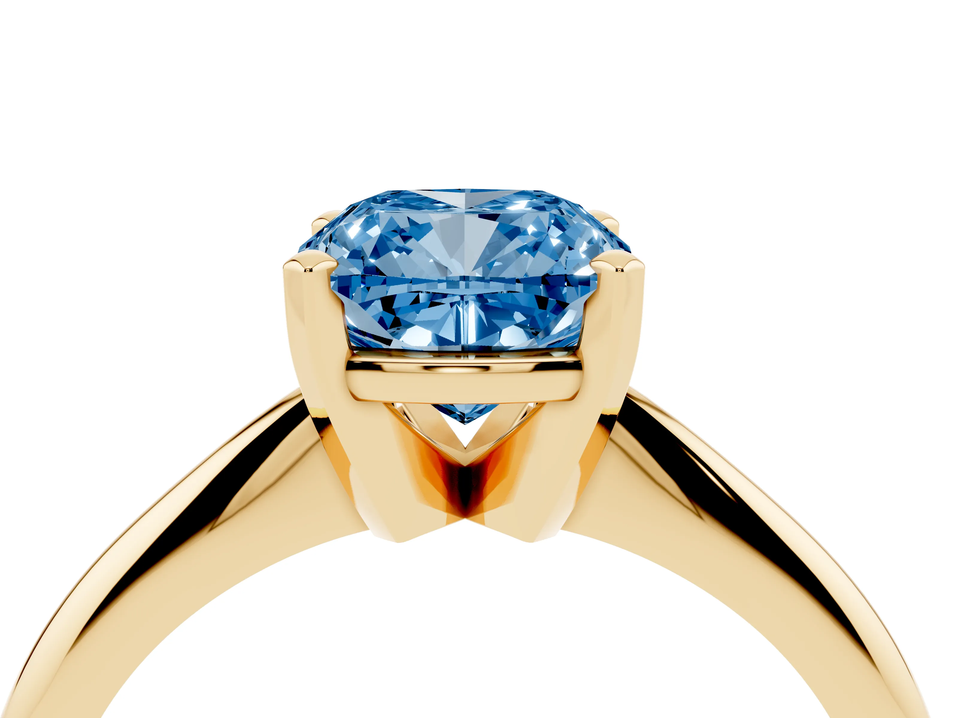 Fancy Blue Cushion Cut Diamond Solitaire Ring Set in Yellow gold with Prong Setting on a Plain Round Band