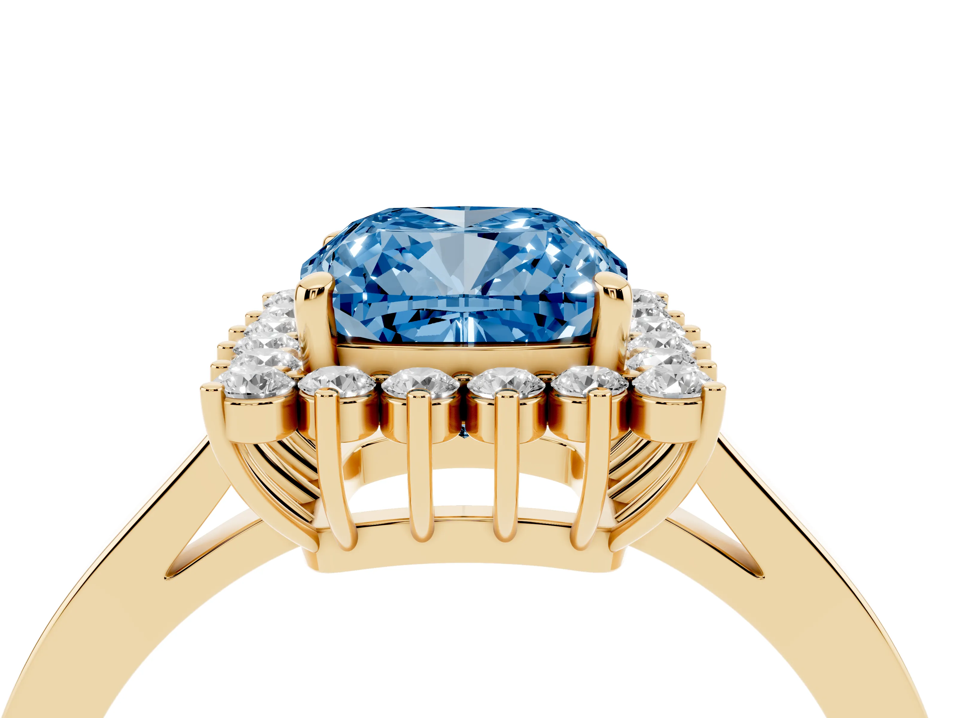 Fancy Blue Cushion Cut Diamond Halo Ring Set in Yellow gold with Round Halo and Smooth Solitaire Band