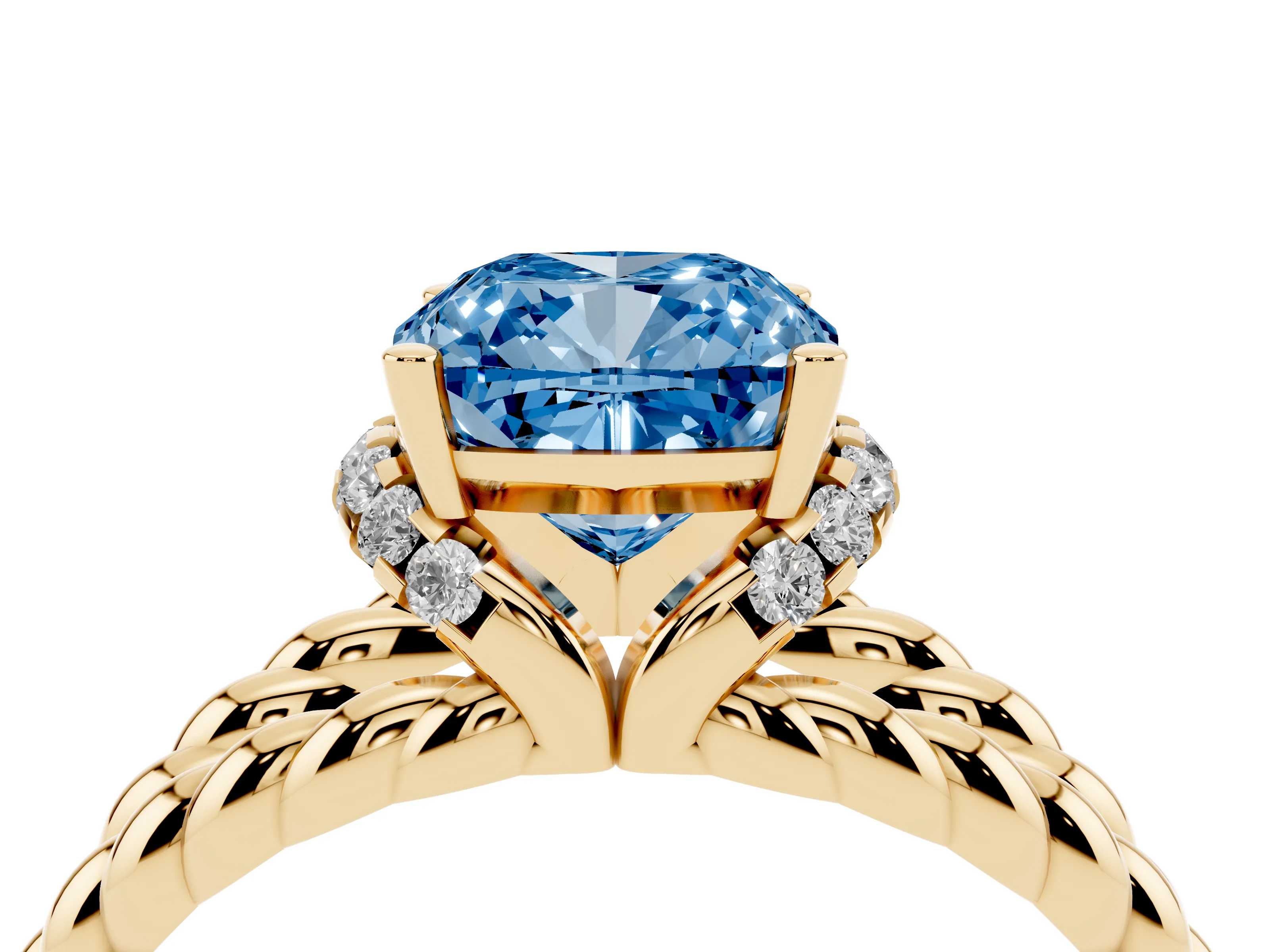 Fancy Blue Cushion Cut Diamond Halo Ring Set in Yellow gold with Twisted Band and Prong Setting