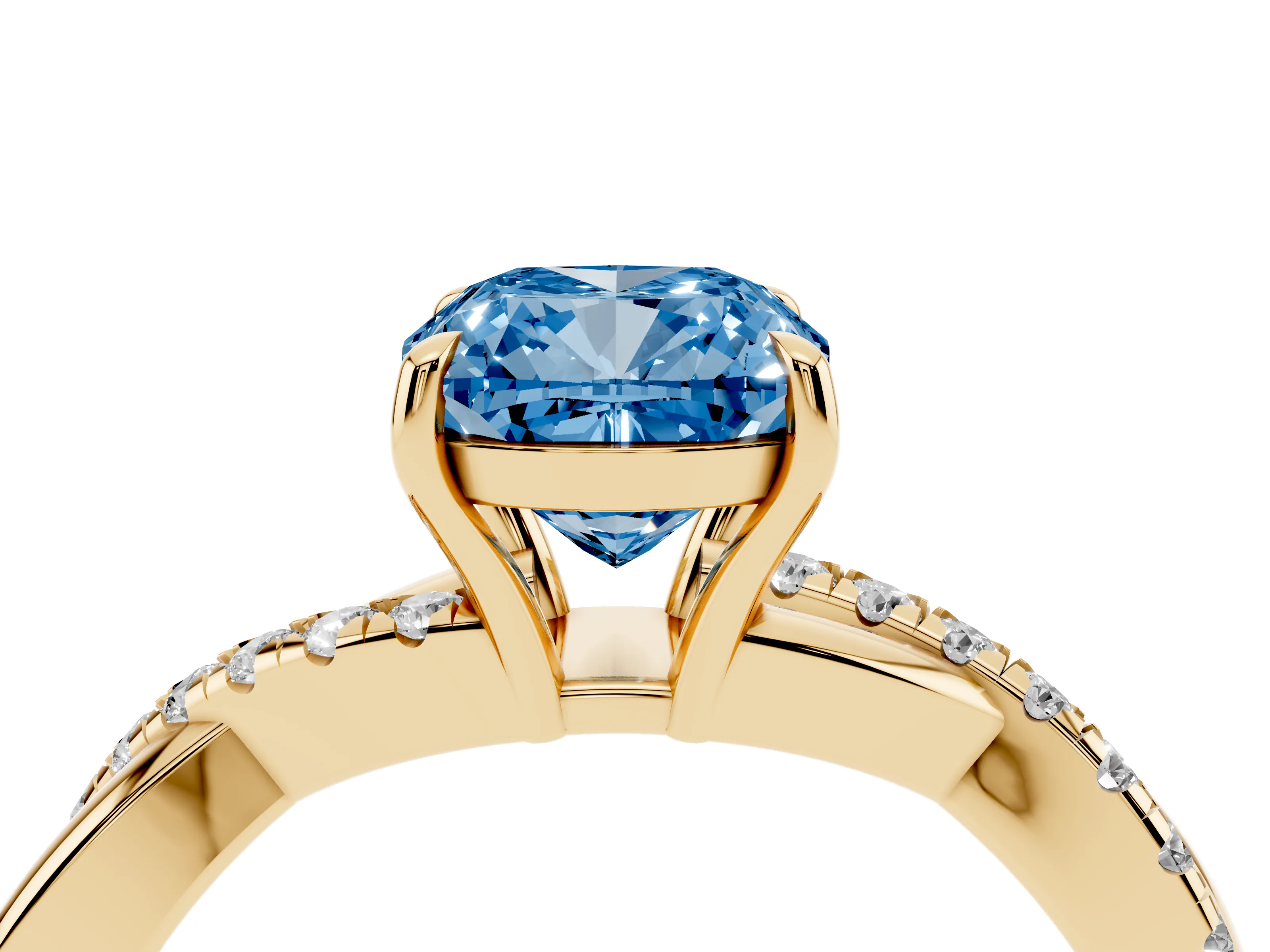 Fancy Blue Cushion Cut Diamond Twisted Pavé Band Ring Set in Yellow gold with Prong Setting