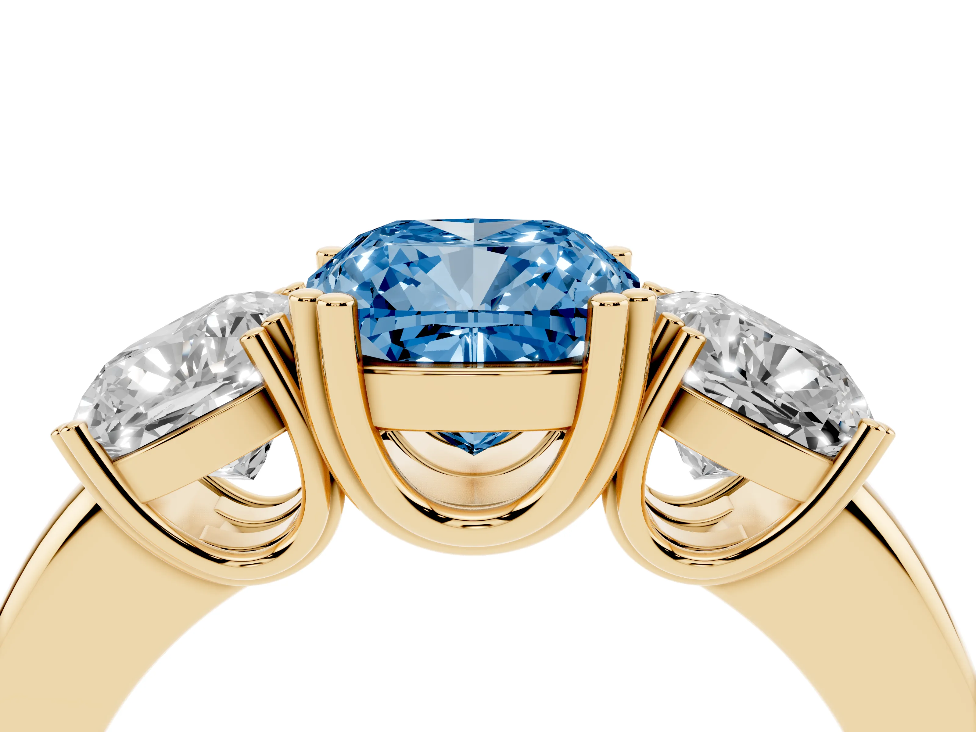 Fancy Blue Cushion Cut Diamond Three-Stone Ring Set in Yellow gold with Polished Band and Prong Setting