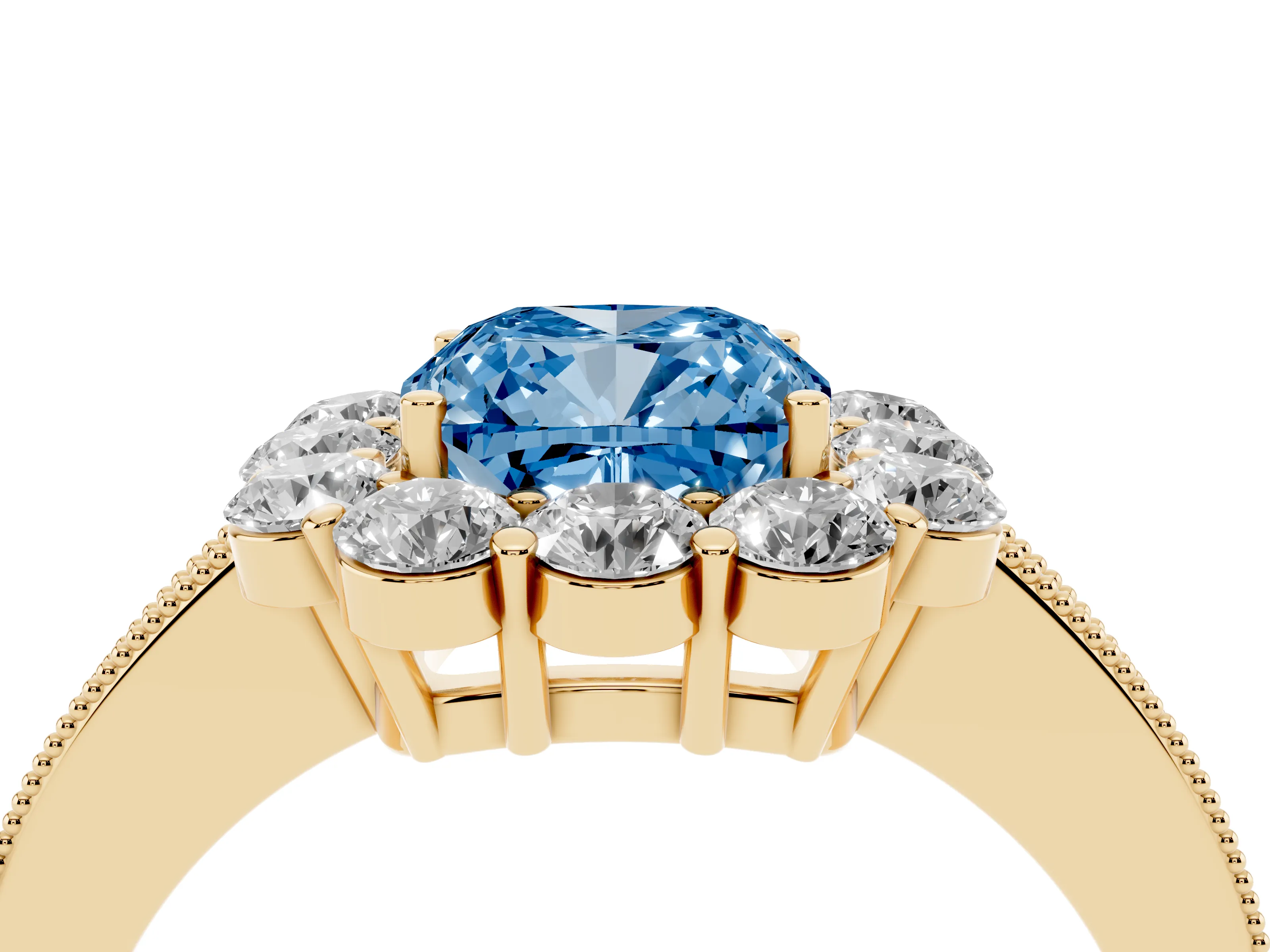 Fancy Blue Cushion Cut Diamond Halo Pavé Engagement Ring Set in Yellow gold with Milgrain Detailing