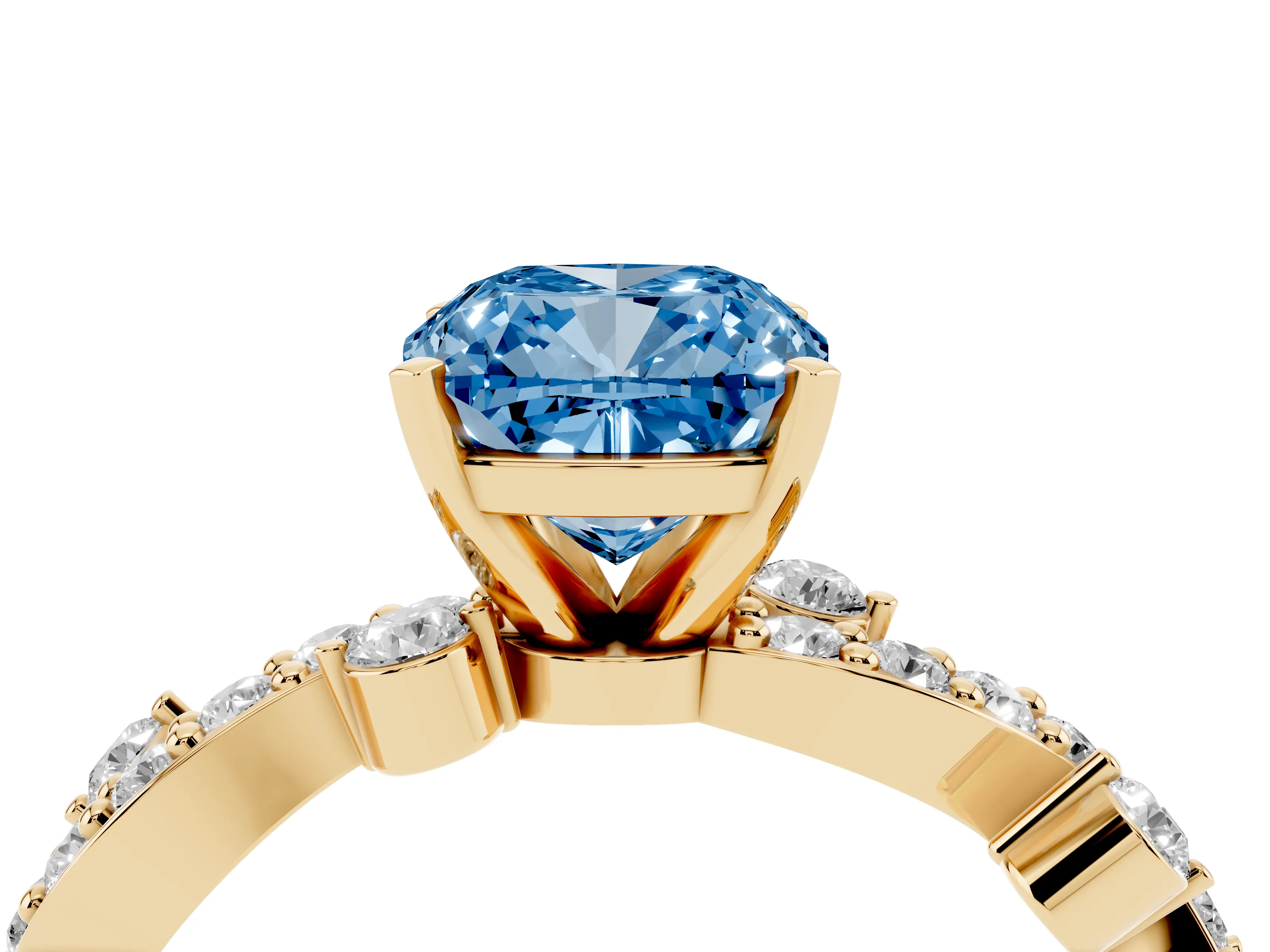 Fancy Blue Cushion Cut Diamond Solitaire Twisted Band Set in Yellow gold with Pavé Setting