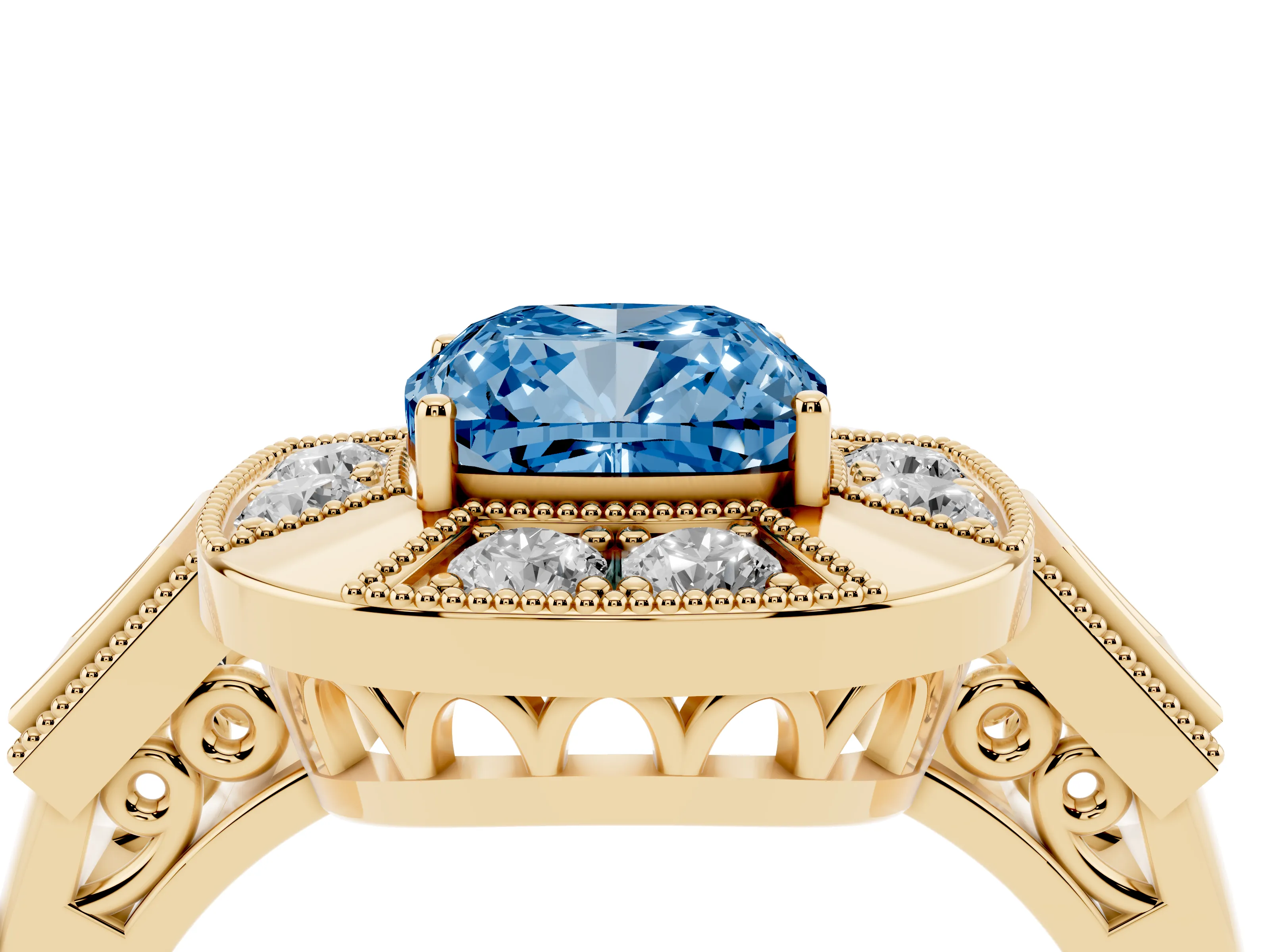 Fancy Blue Cushion Cut Diamond Milgrain Halo Ring Set in Yellow gold with Split Shank