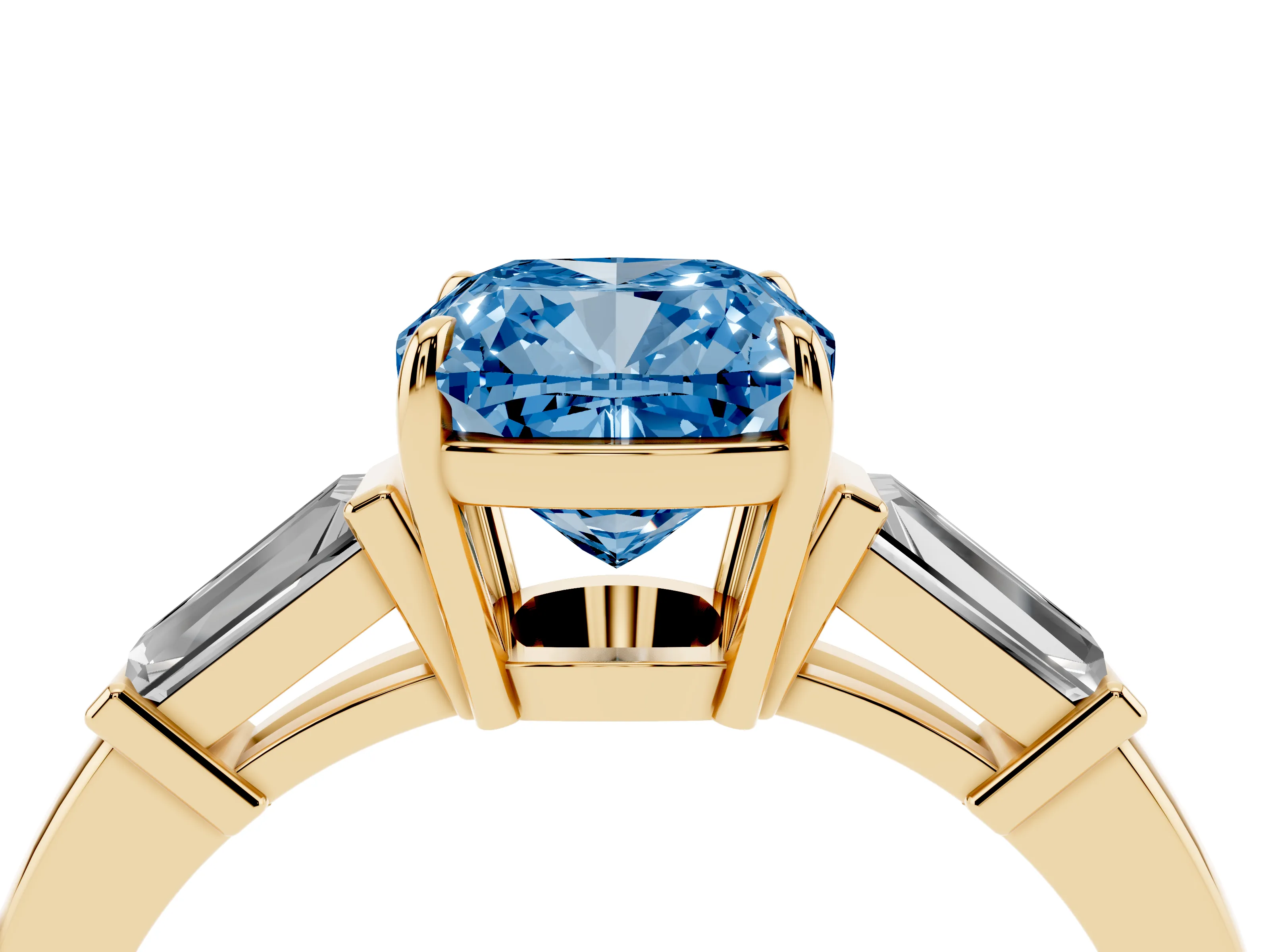 Fancy Blue Cushion Cut Diamond Three-Stone Ring Set in Yellow gold with Tapered Baguette Side Stones and Prong Setting