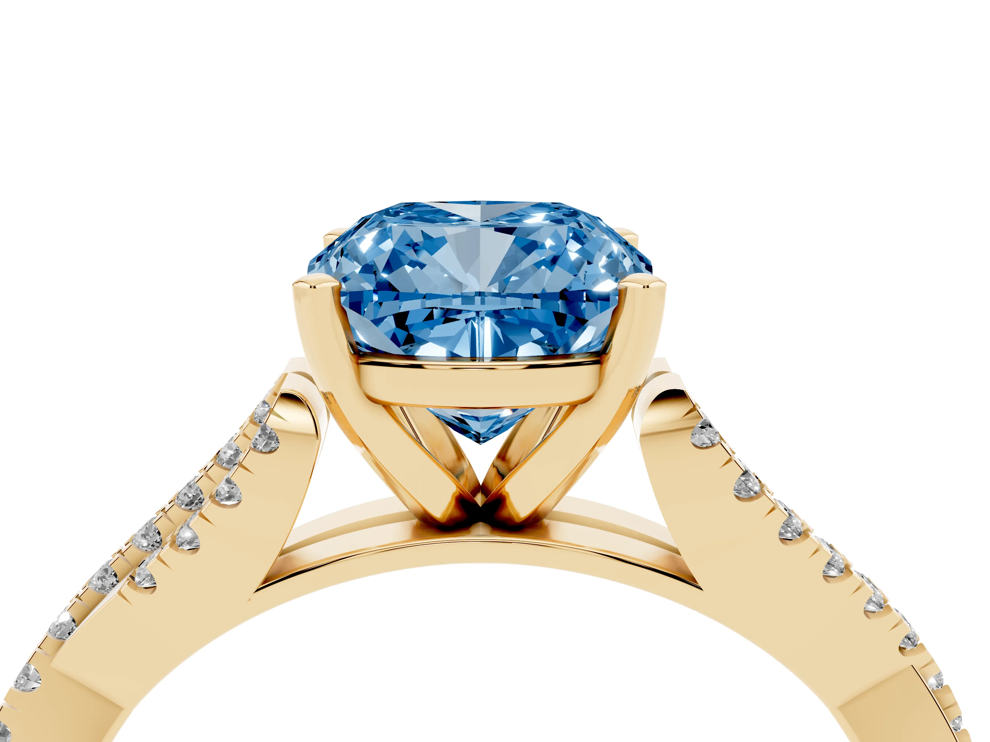 Fancy Blue Cushion Cut Diamond Solitaire Engagement Ring Set in Yellow gold with Twisted Pavé Band and Prong Setting