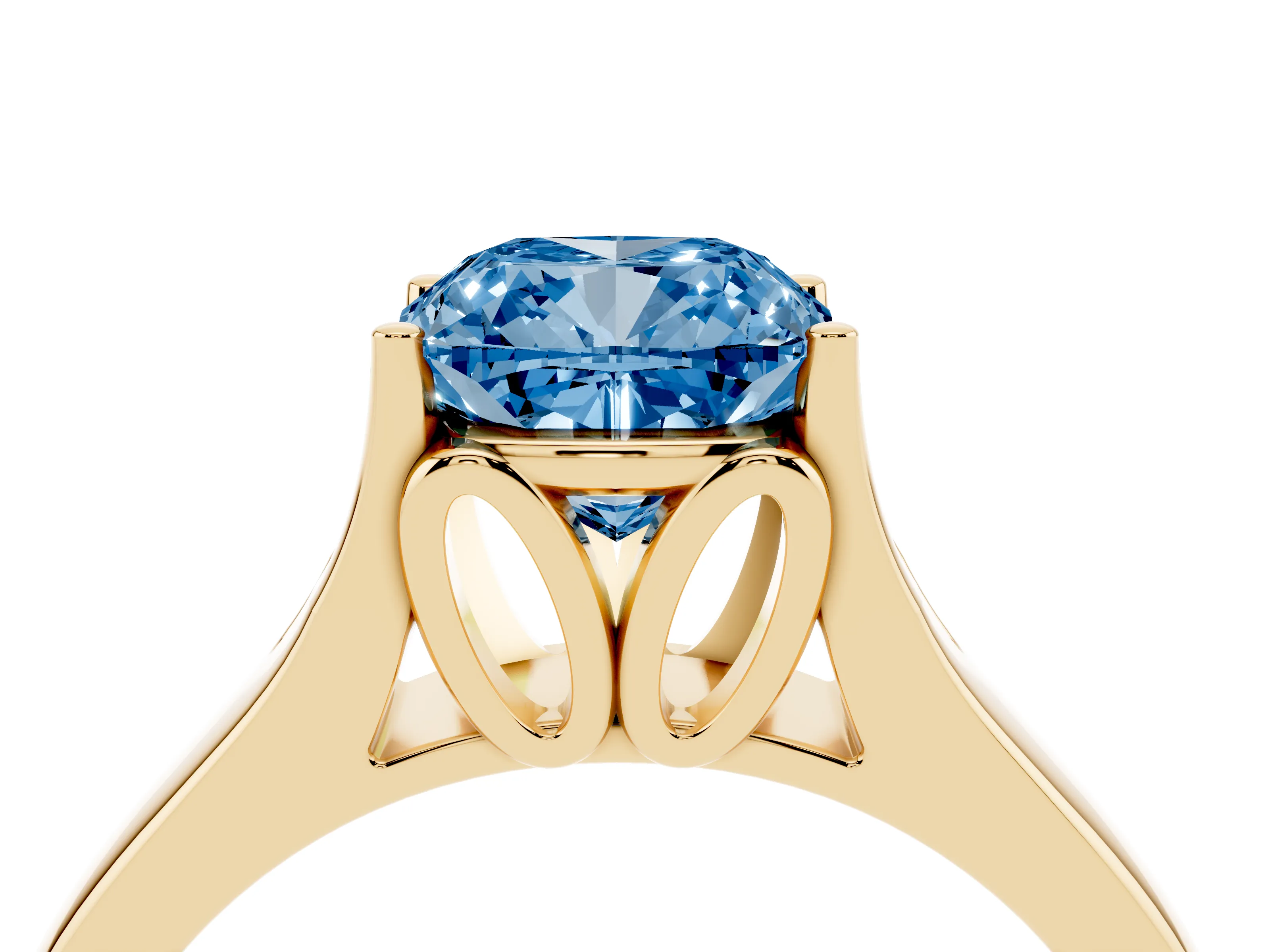 Fancy Blue Cushion Cut Diamond Solitaire Ring Set in Yellow gold with Arched Cathedral Band and Prong Setting