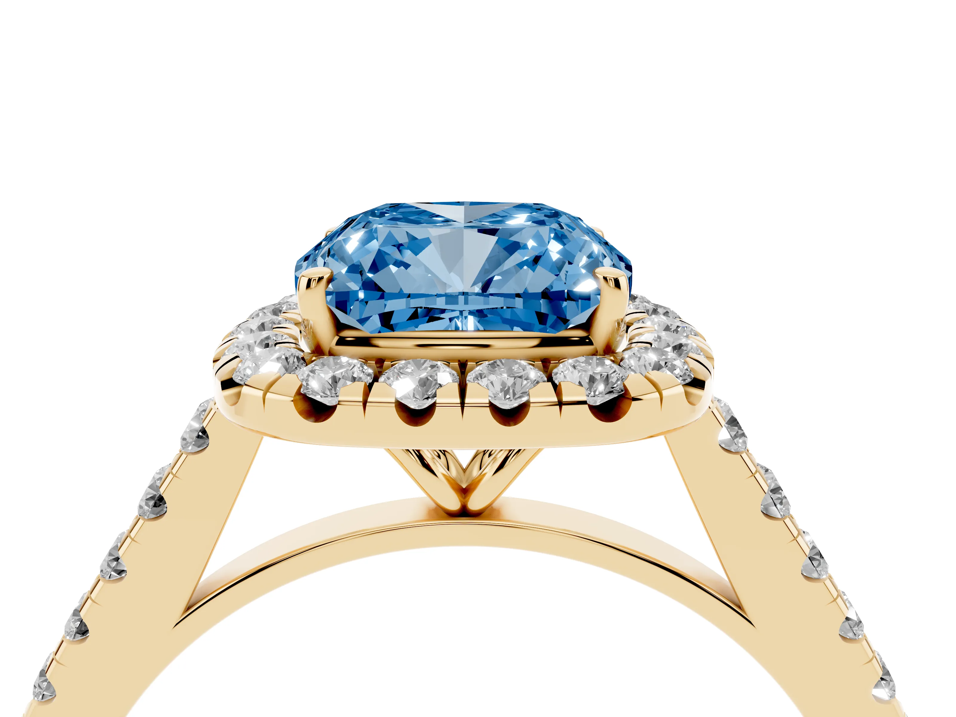 Fancy Blue Cushion Cut Diamond Halo Pavé Engagement Ring Set in Yellow gold with Prong Setting
