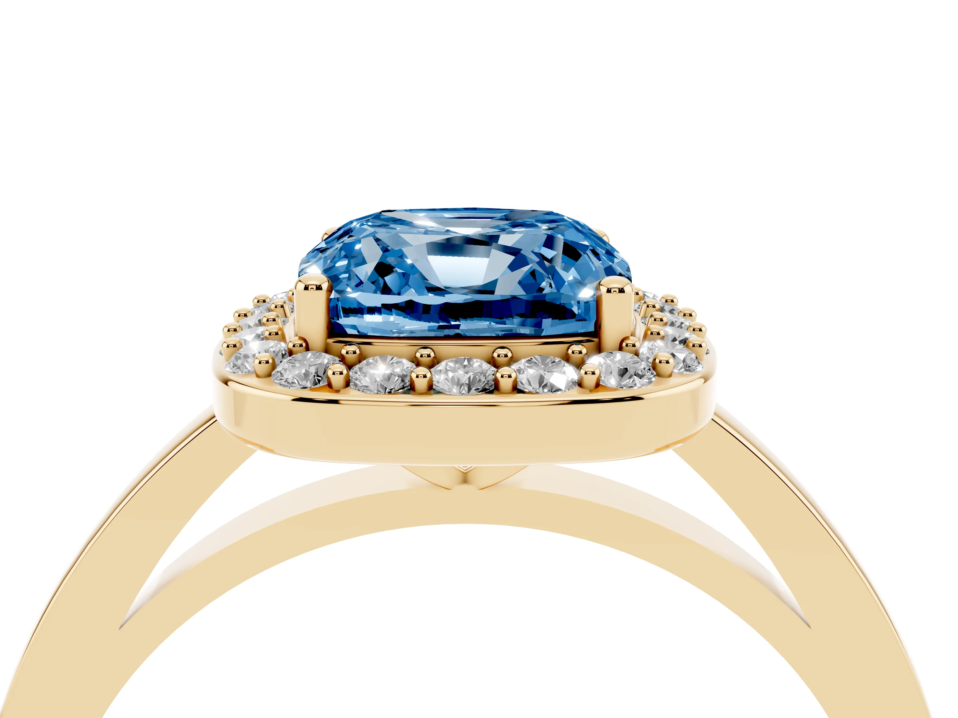 Fancy Blue Cushion Cut Diamond Halo Ring Set in Yellow gold with Solitaire Band and Prong Setting
