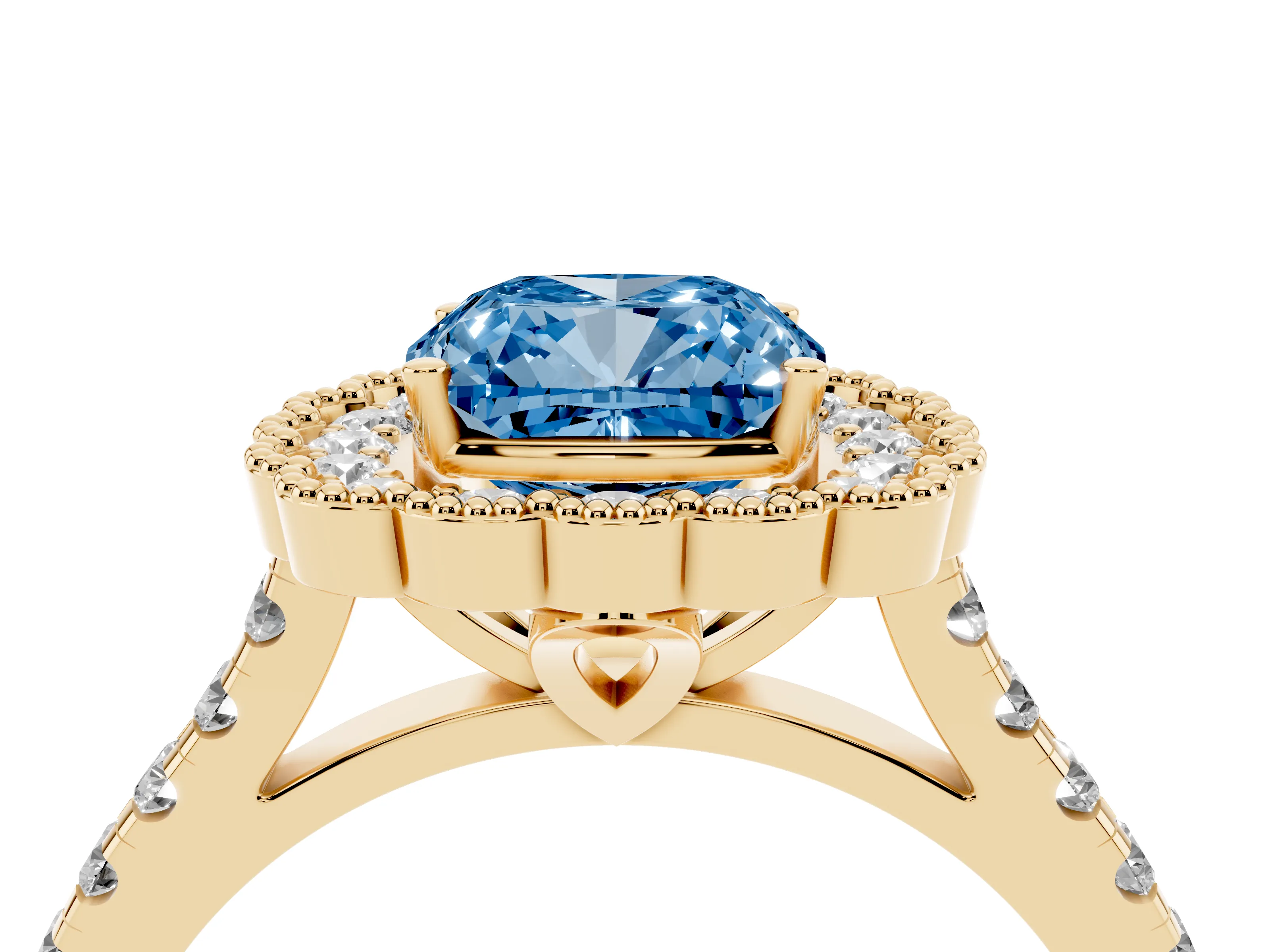 Fancy Blue Cushion Cut Diamond Milgrain Floral Halo Engagement Ring Set in Yellow gold with Pavé Band