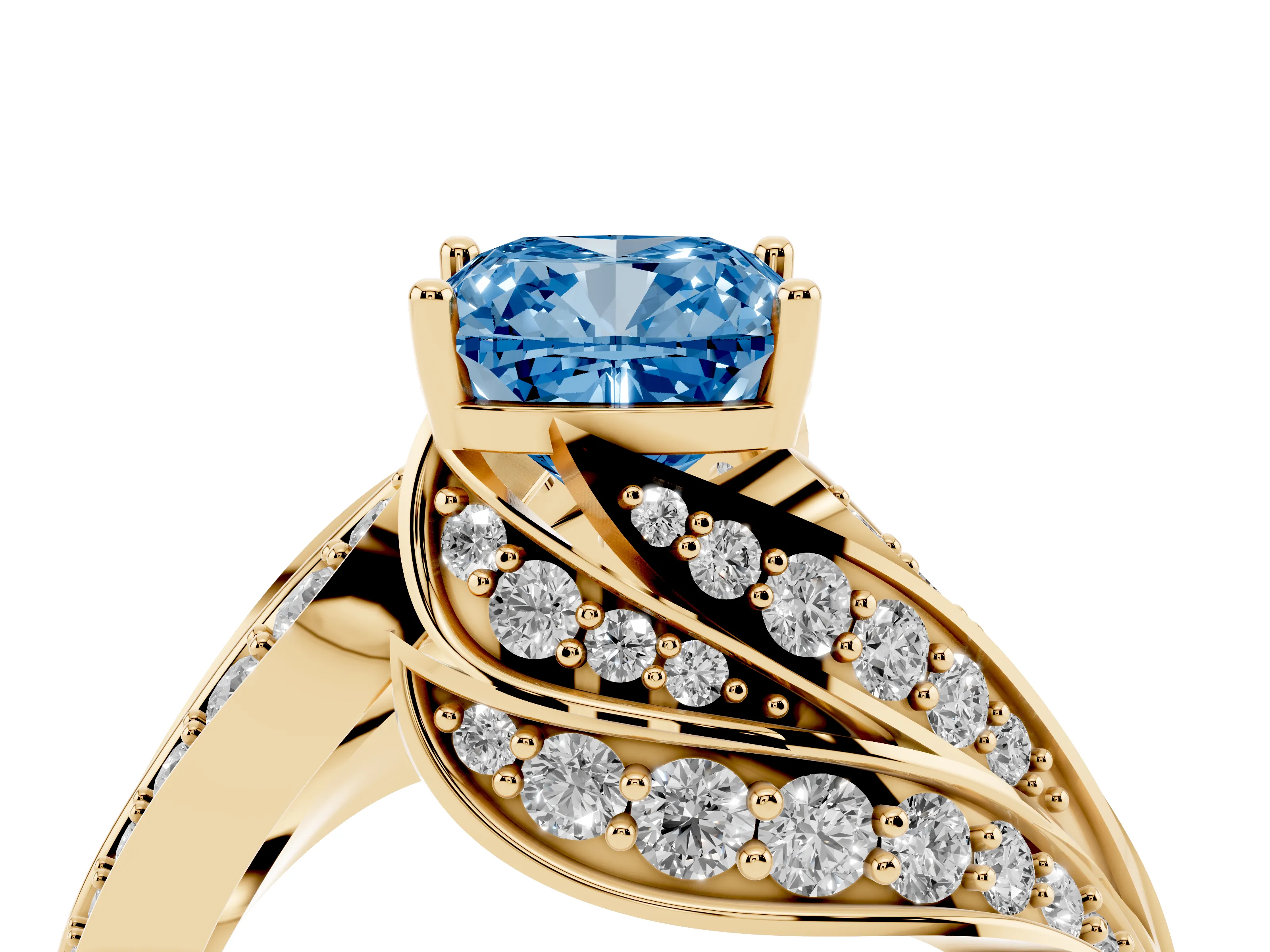 Fancy Blue Cushion Cut Diamond Solitaire Ring Set in Yellow gold with Layered Twist Pavé Band