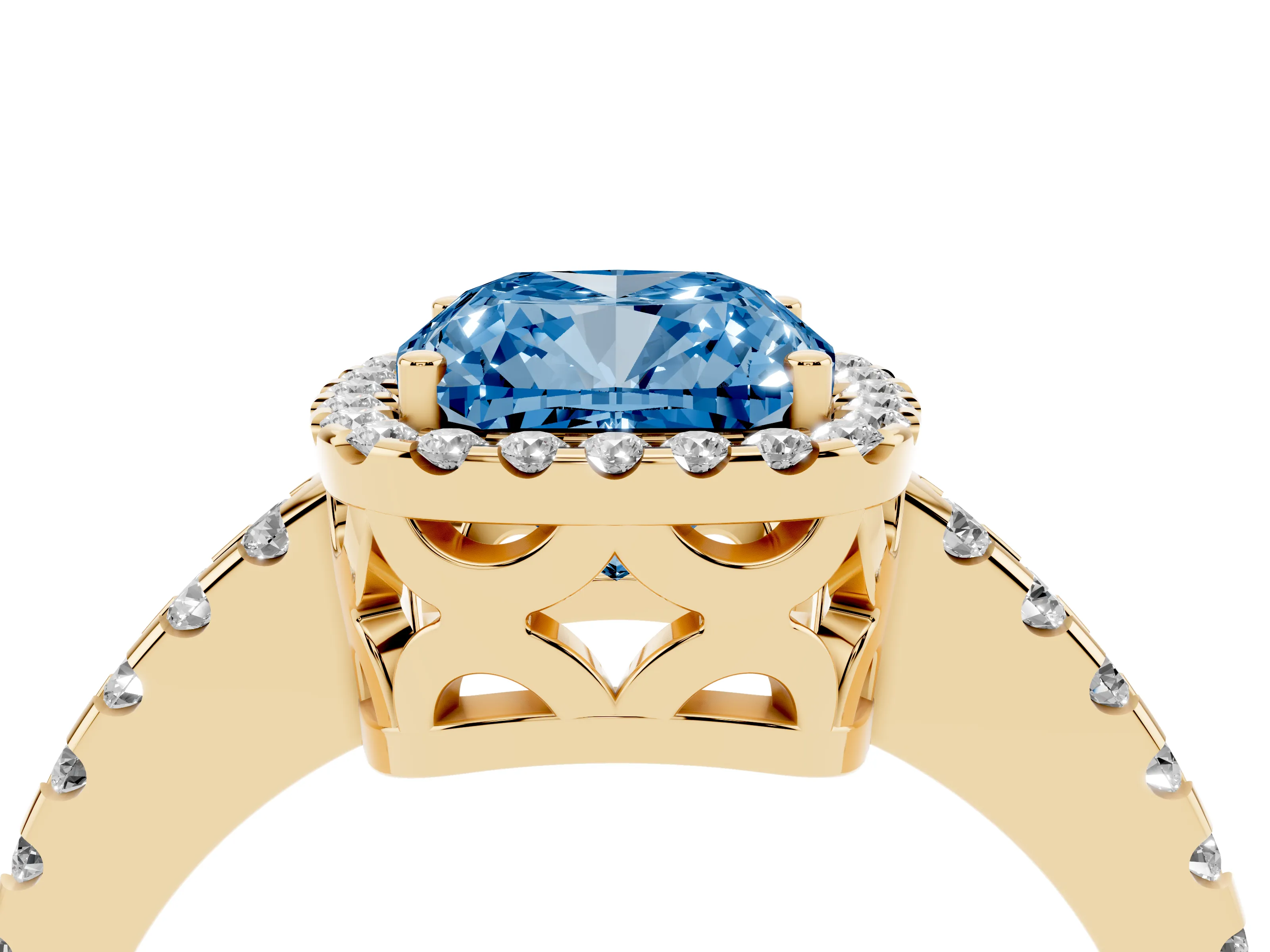 Fancy Blue Cushion Cut Diamond Halo Ring Set in Yellow gold with Pavé Shoulders and Halo-Framed Center