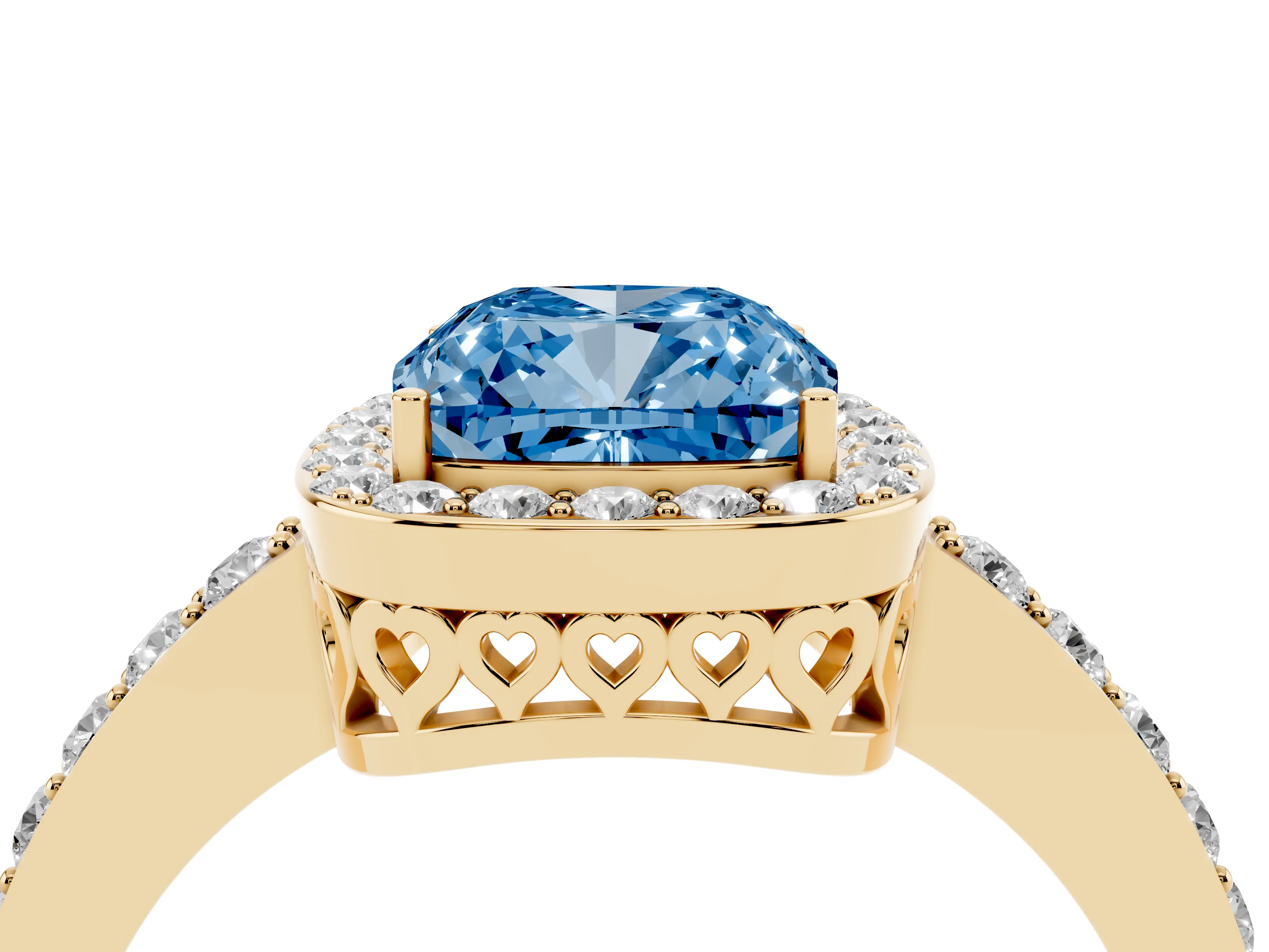 Fancy Blue Cushion Cut Diamond Halo Ring Set in Yellow gold with Pavé-Setting Band and Open Prong Center