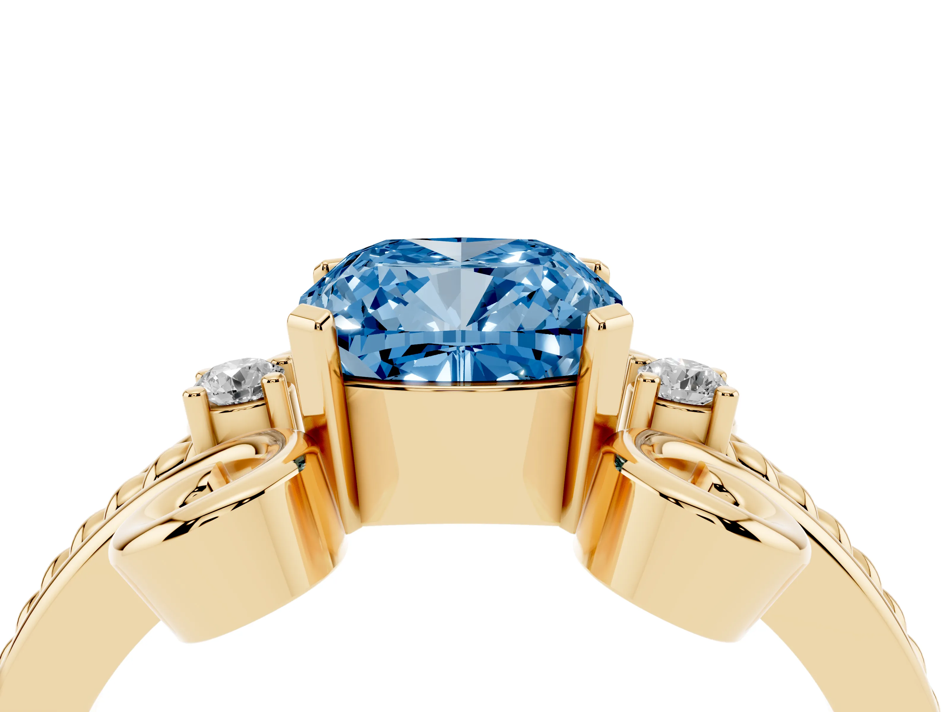 Fancy Blue Cushion Cut Diamond Twisted Band Solitaire Ring Set in Yellow gold with Scroll Prongs