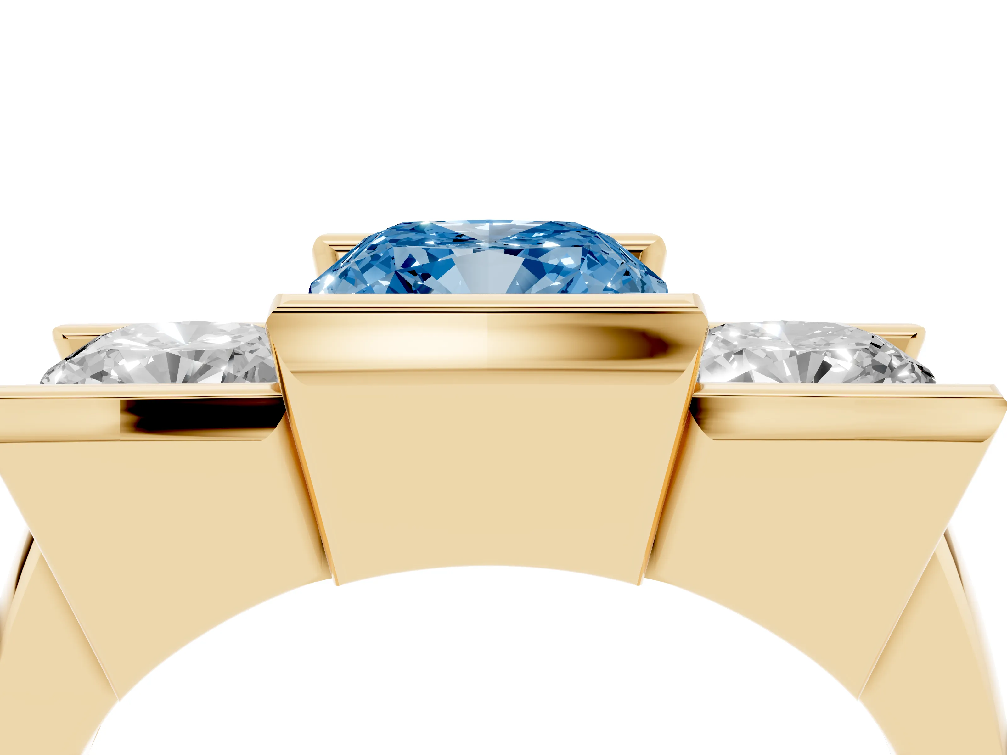 Fancy Blue Cushion Cut Diamond Three-Stone Channel Set Ring Set in Yellow gold with Smooth Polished Band