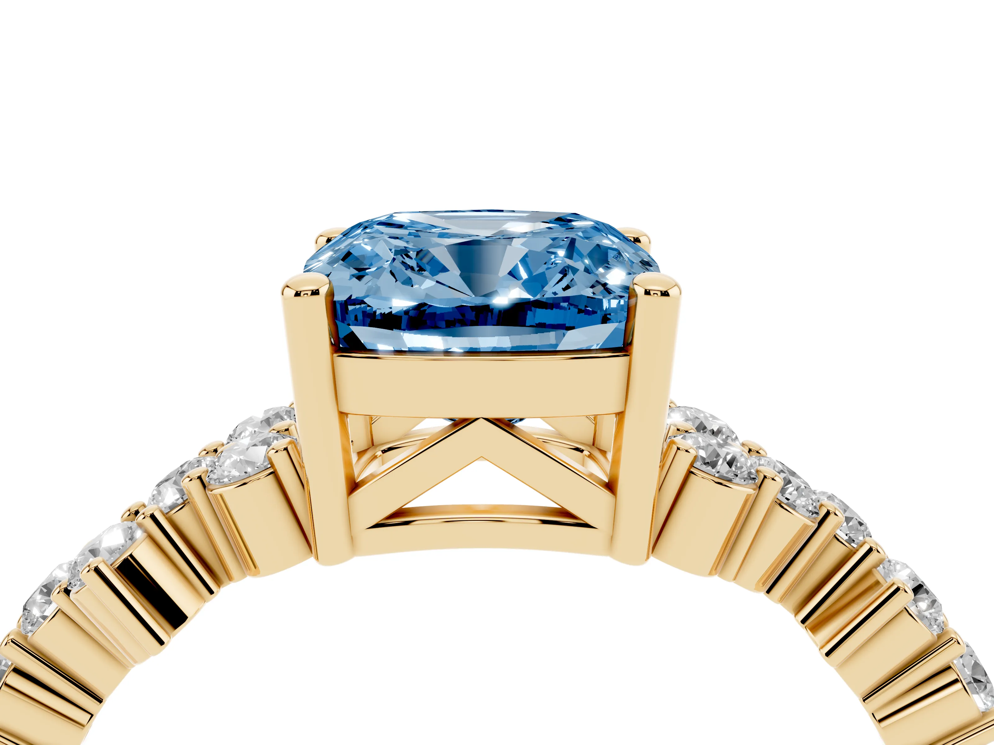 Fancy Blue Cushion Cut Diamond Ring Set in Yellow gold with Scattered Round Accents