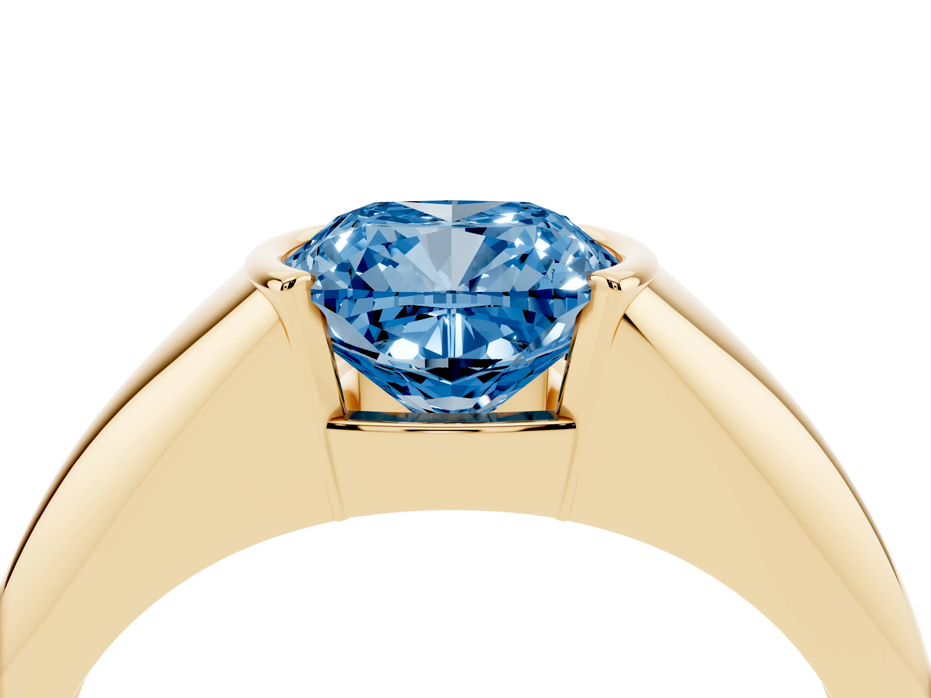 Fancy Blue Cushion Cut Diamond Solitaire Tension Set Ring Set in Yellow gold