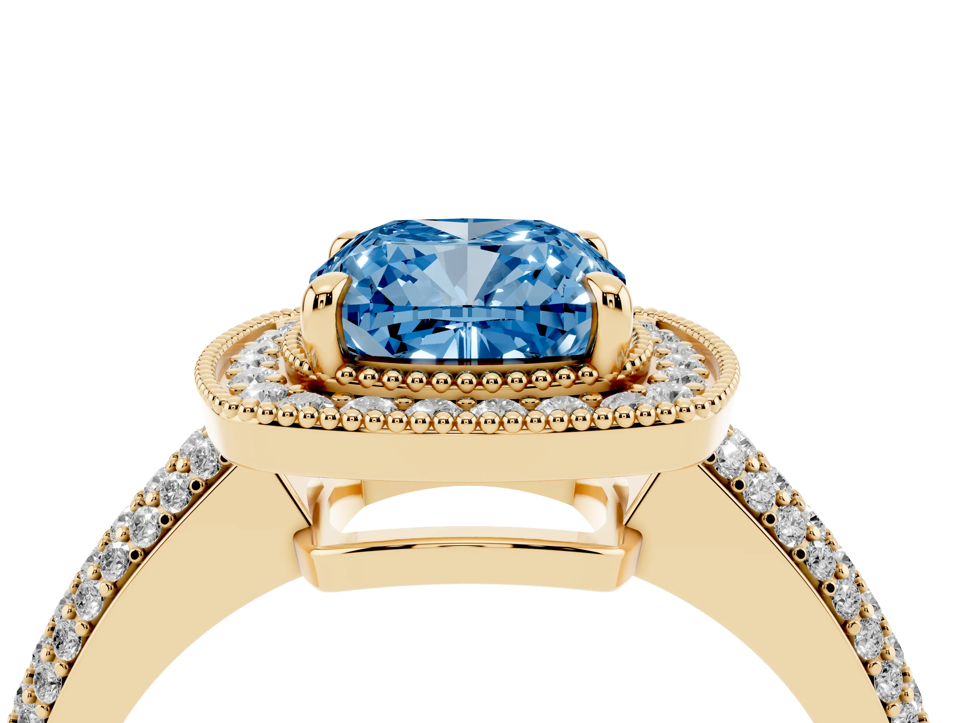 Fancy Blue Cushion Cut Diamond Halo Pavé Band Set in Yellow gold with Prong Setting