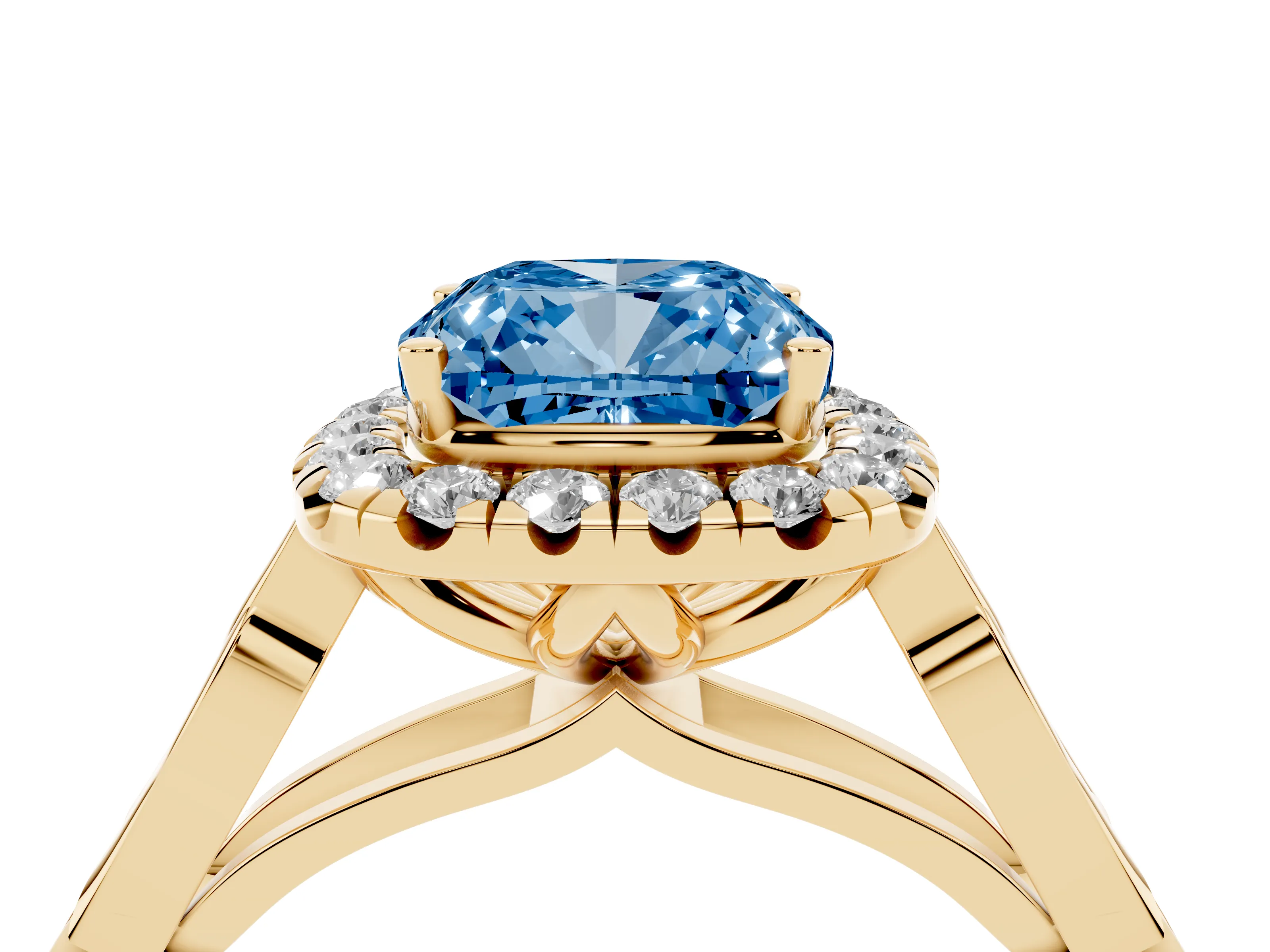 Fancy Blue Cushion Cut Diamond Halo Engagement Ring Set in Yellow gold with Filigree Band and Prong-Set Center