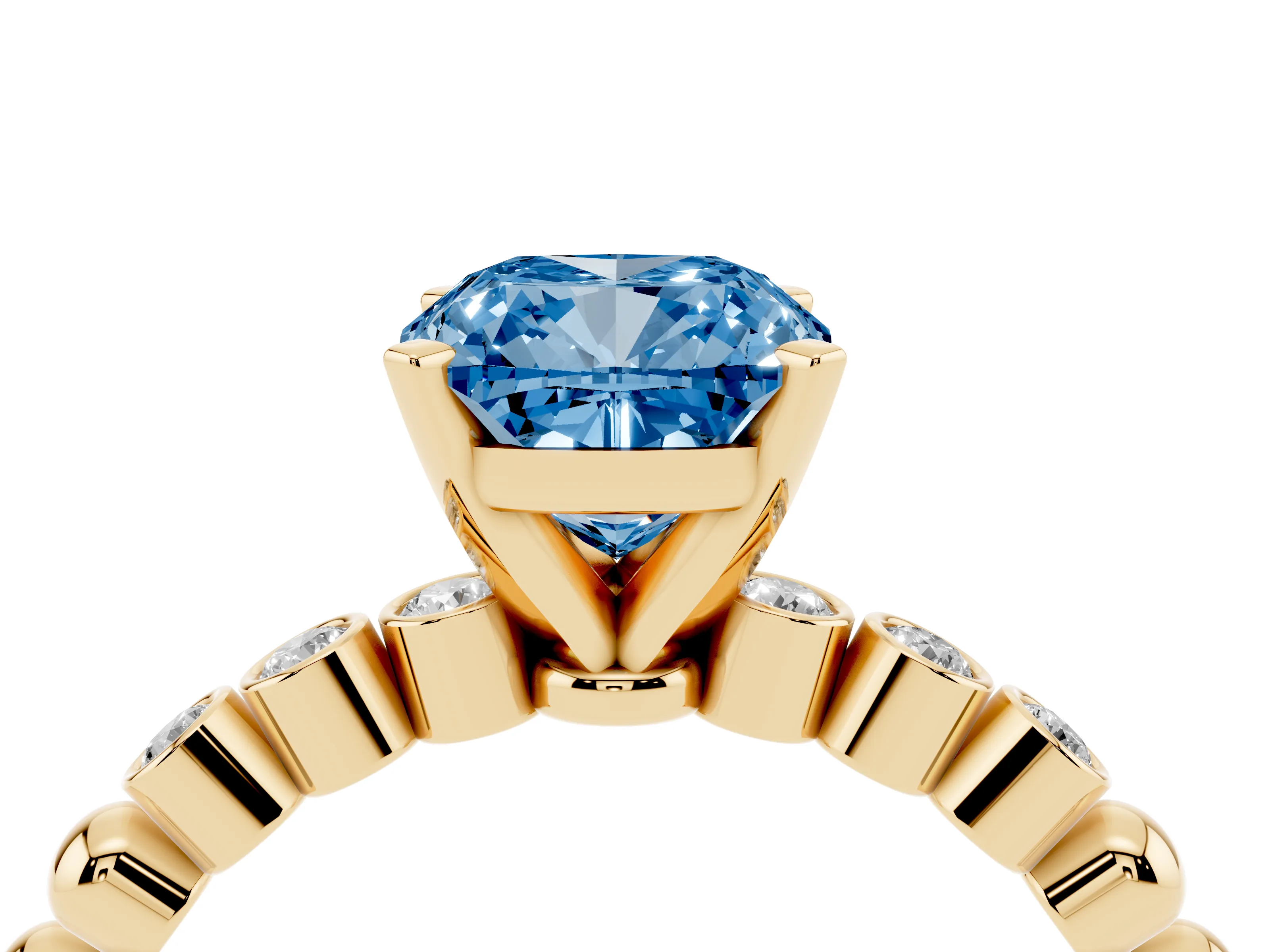 Fancy Blue Cushion Cut Diamond Solitaire Engagement Ring Set in Yellow gold with Bezel Accents on Beaded Band