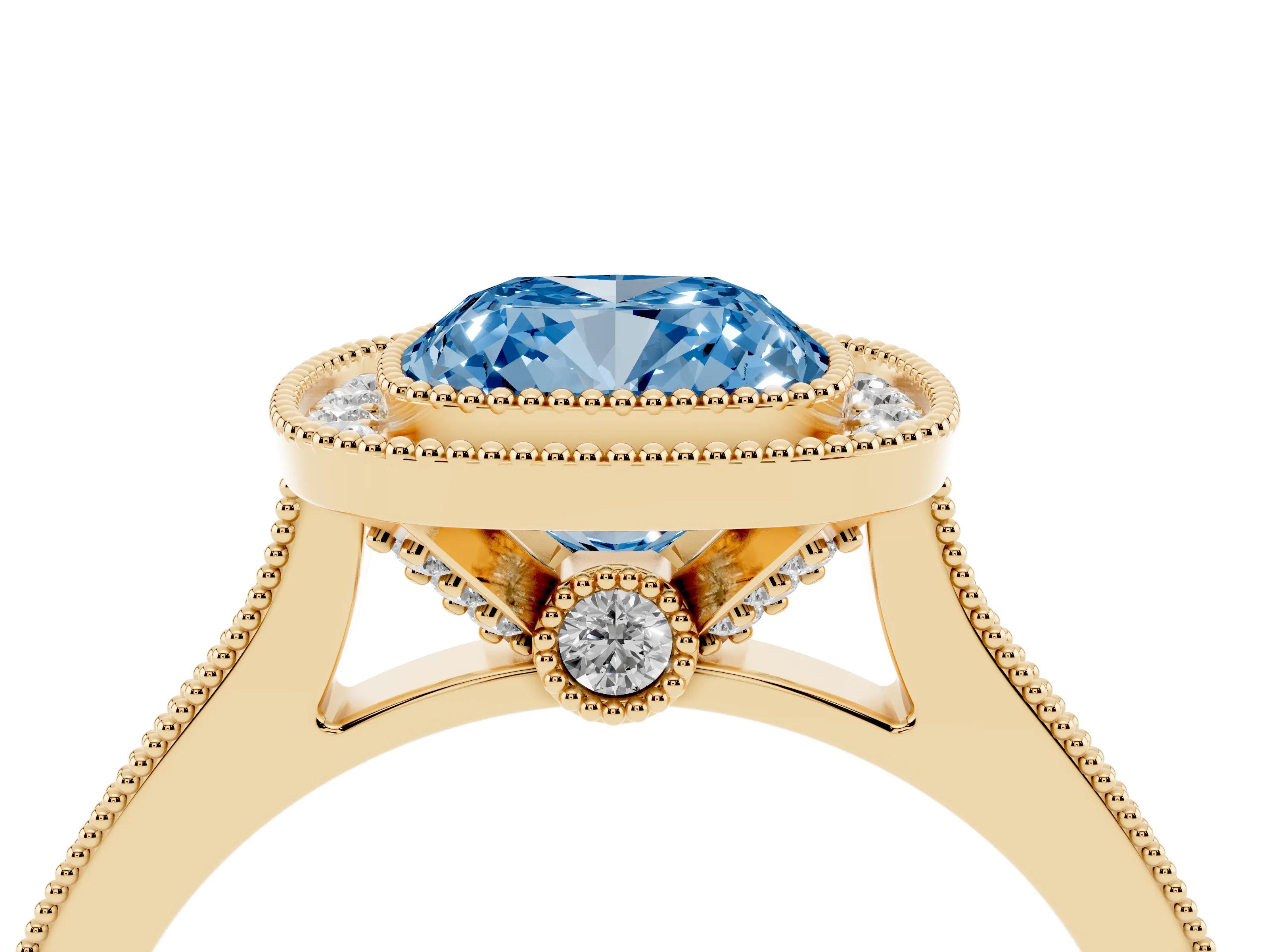 Fancy Blue Cushion Cut Diamond Halo Milgrain Pavé Band Ring Set in Yellow gold with Prong Setting