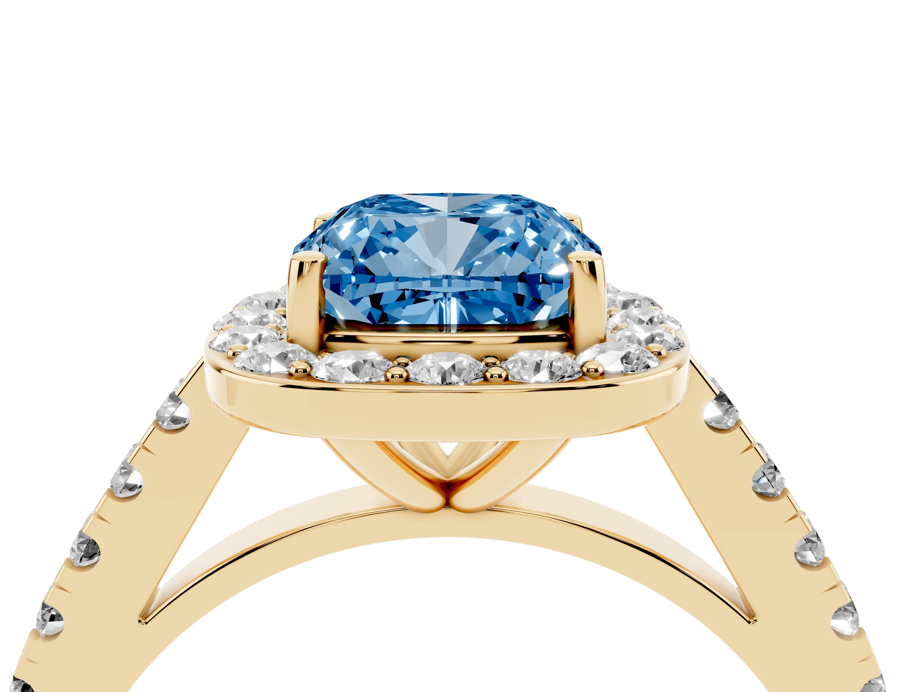 Fancy Blue Cushion Cut Diamond Halo Ring Set in Yellow gold with Round Pavé Split Shank and Prong Setting
