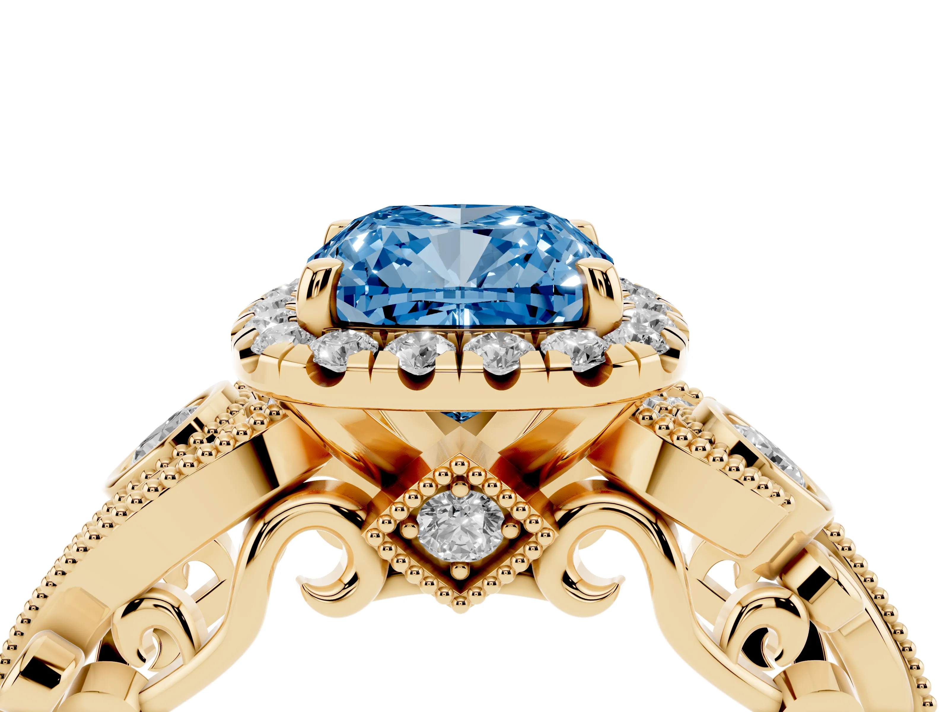 Fancy Blue Cushion Cut Diamond Halo Ring Set in Yellow gold with Milgrain Pavé Band and Prong Setting