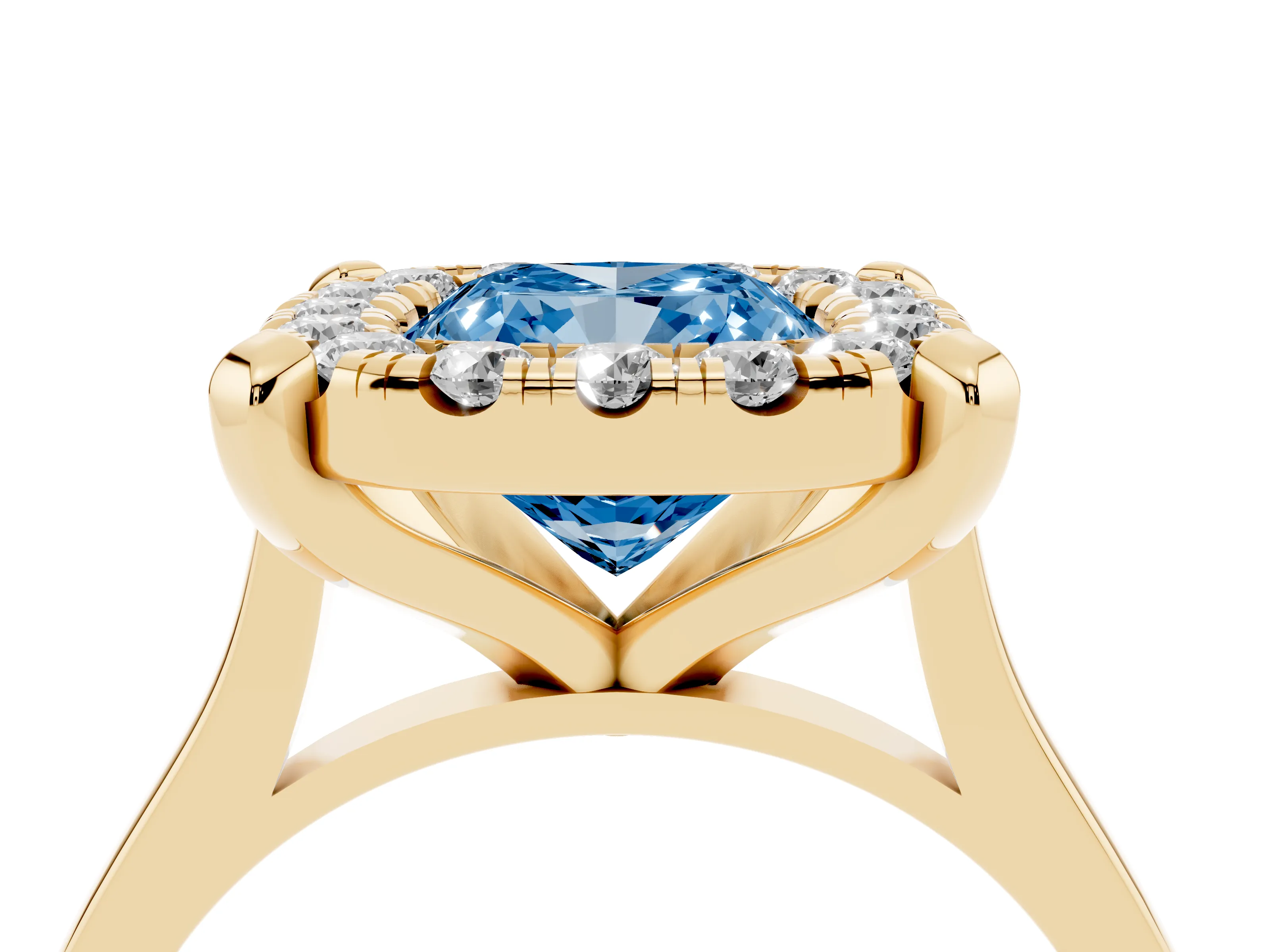Fancy Blue Cushion Cut Diamond Cluster Halo Solitaire Ring Set in Yellow gold with Prong Setting