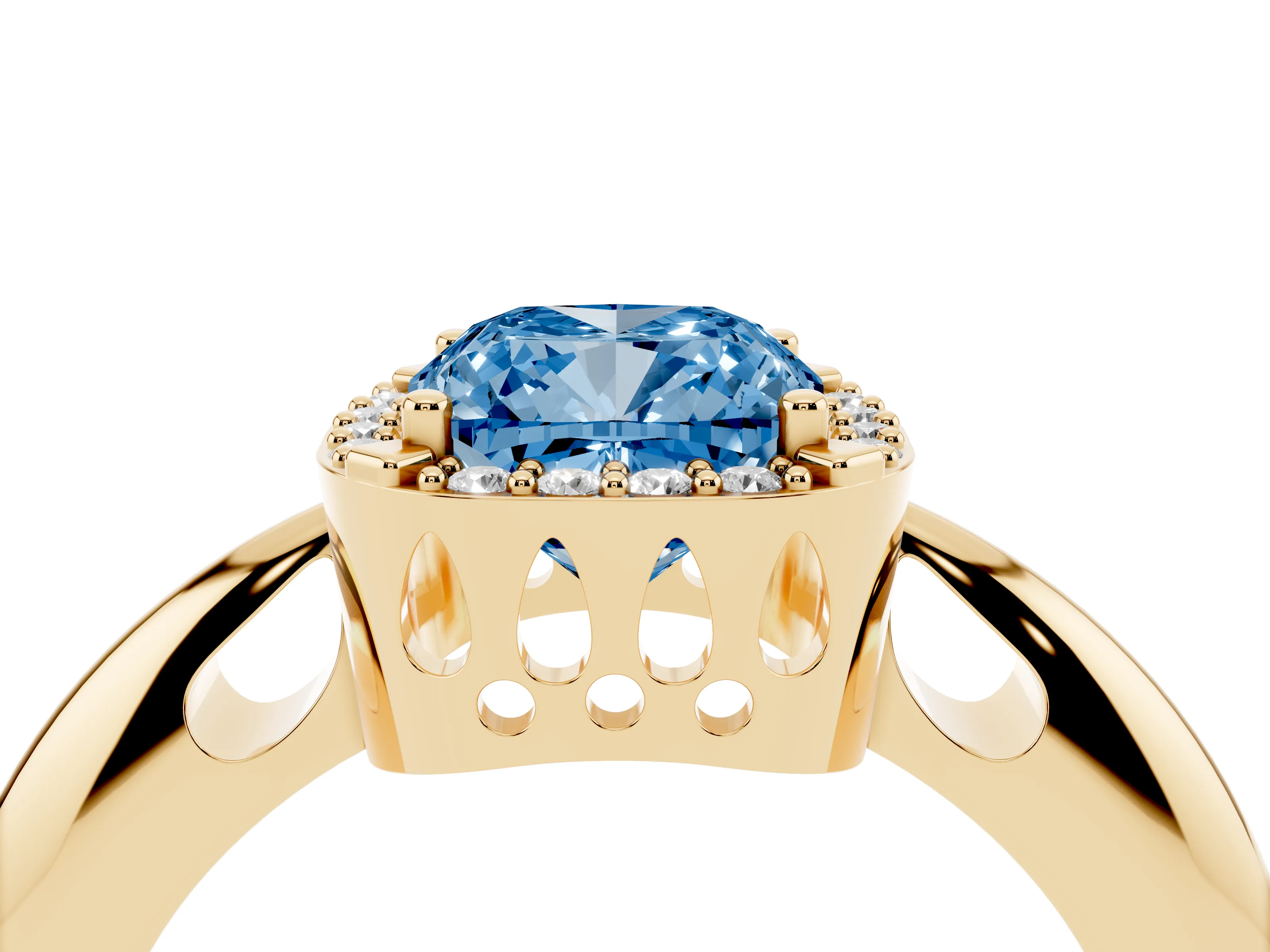 Fancy Blue Cushion Cut Diamond Halo Engagement Ring Set in Yellow gold with Plain Split Shank and Prong Setting