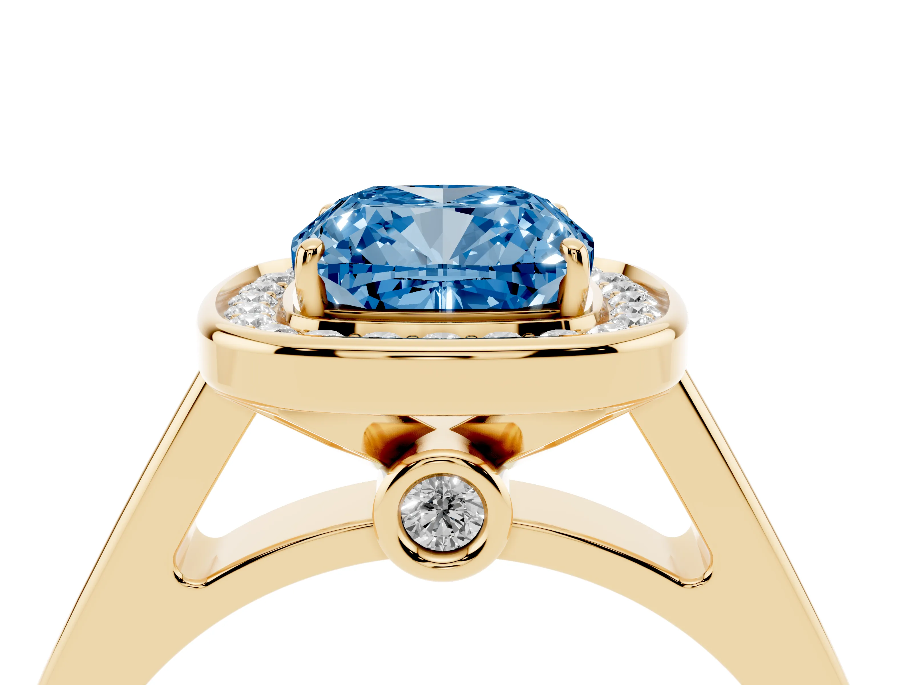 Fancy Blue Cushion Cut Diamond Halo Solitaire Ring Set in Yellow gold with Pavé Band and Bezel Setting