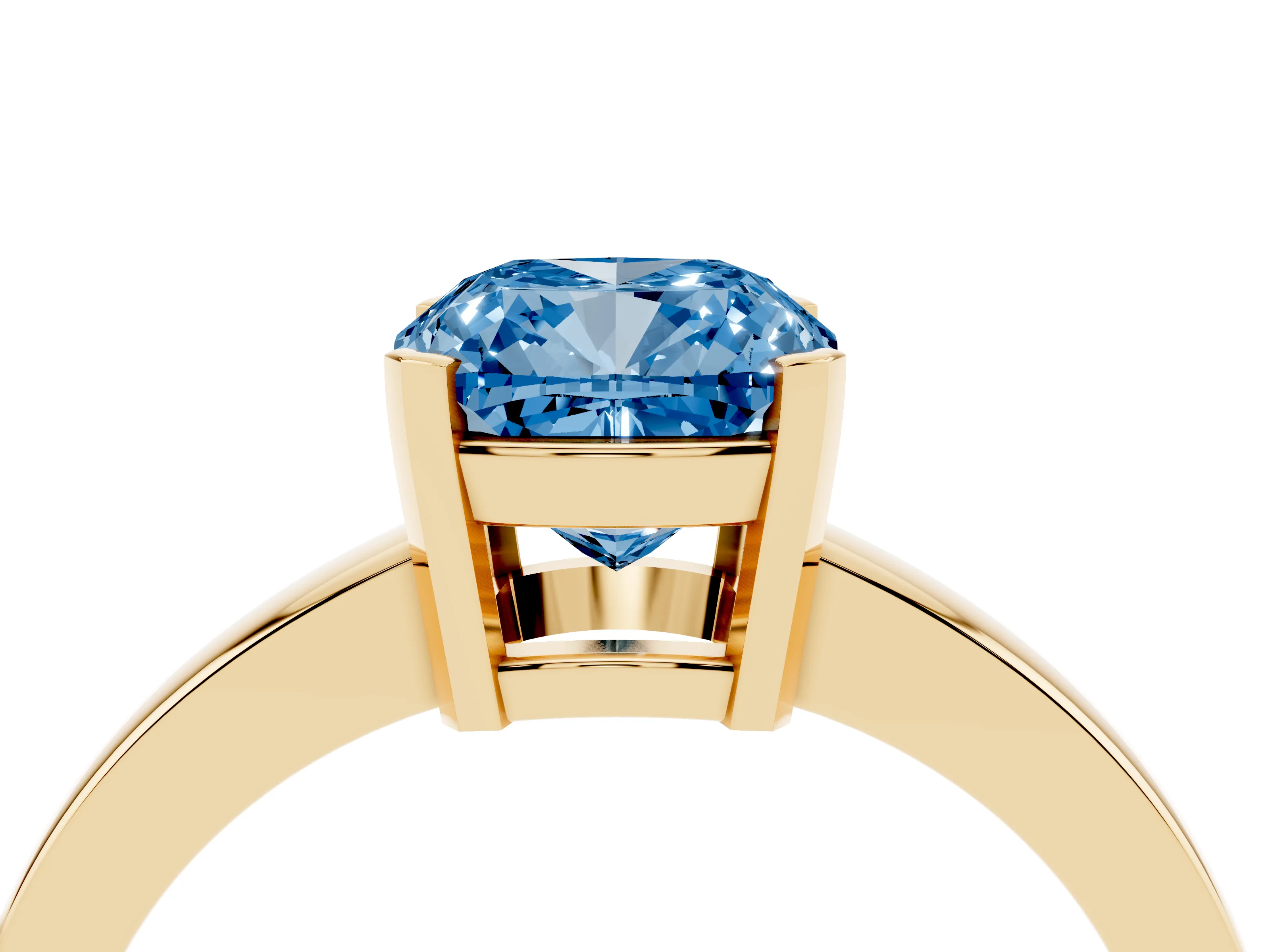 Fancy Blue Cushion Cut Diamond Solitaire Ring Set in Yellow gold with Prong Head and Smooth Polished Band