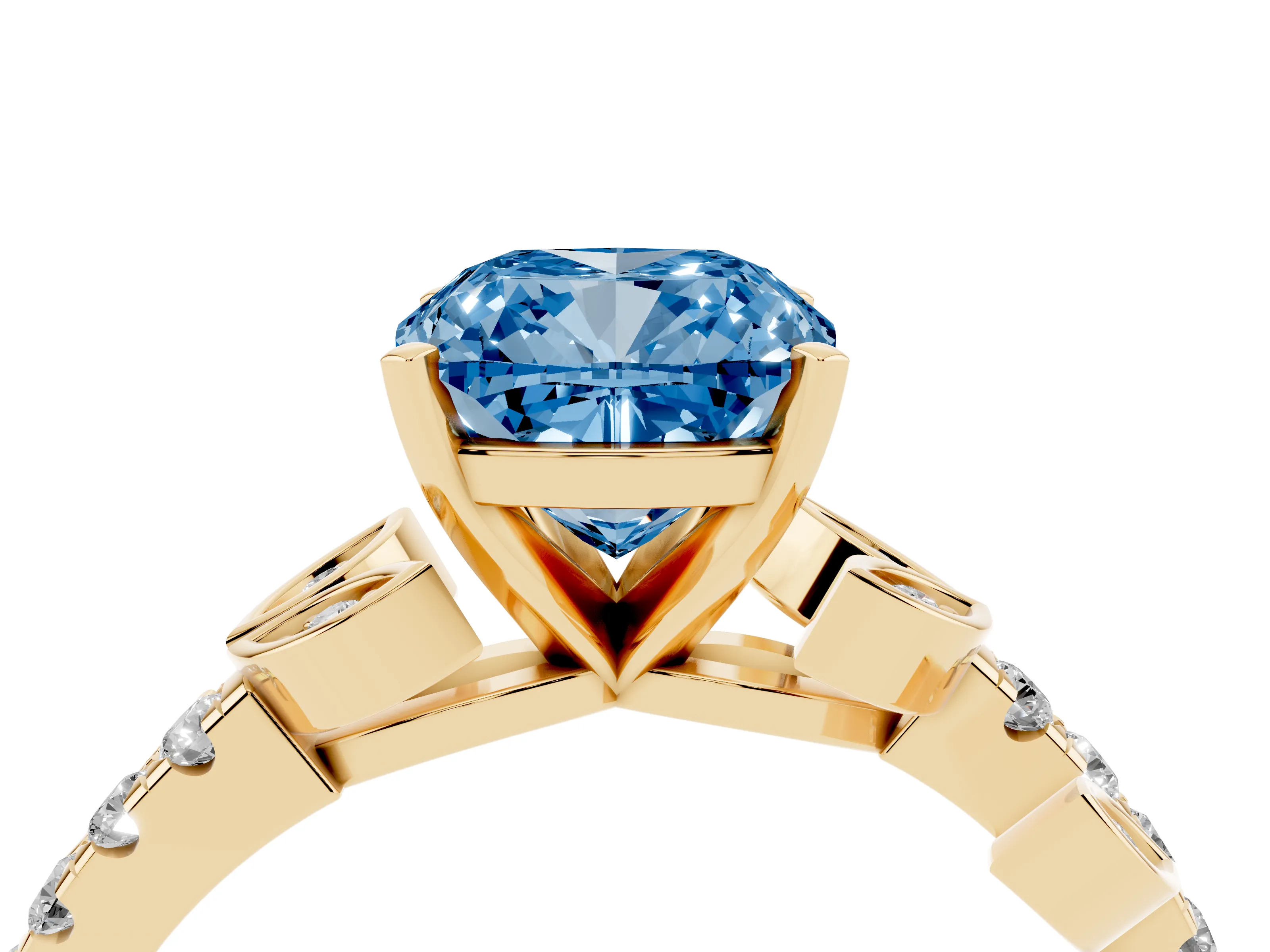 Fancy Blue Cushion Cut Diamond Solitaire Leaf-Inspired Ring Set in Yellow gold with Pavé Band and Prong Setting