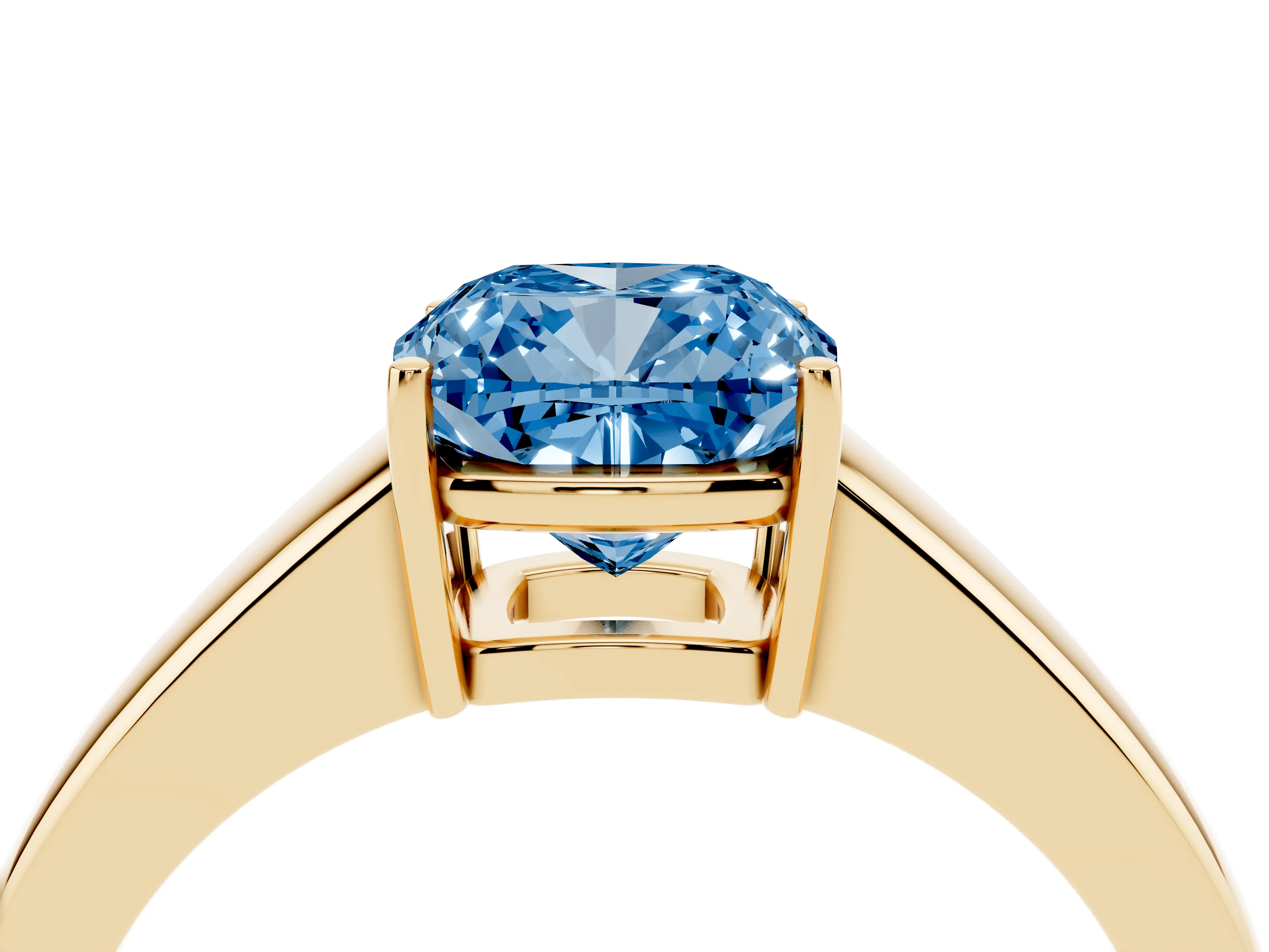 Fancy Blue Cushion Cut Diamond Solitaire Ring Set in Yellow gold with Tapered Band and Prong Setting