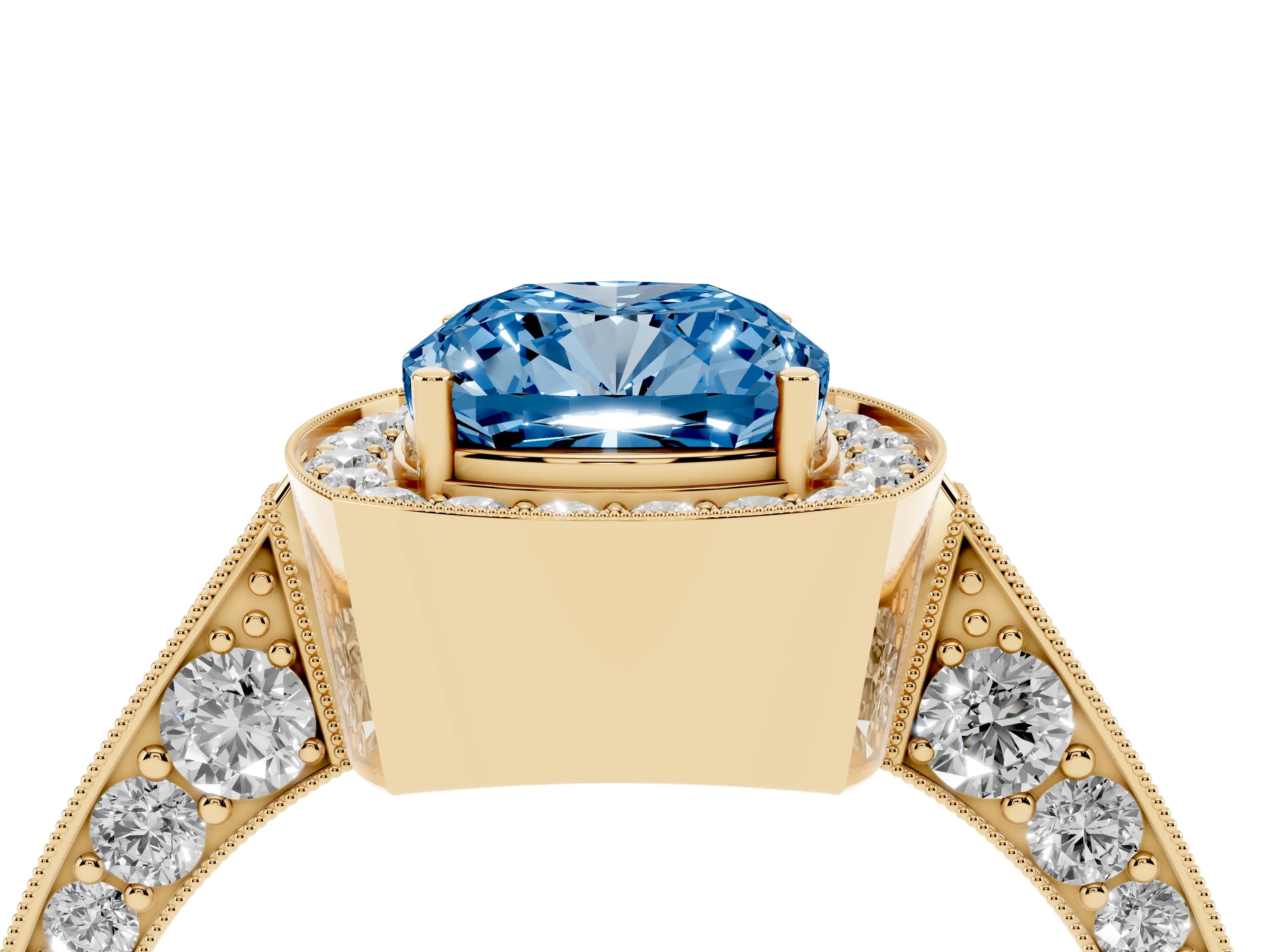 Fancy Blue Cushion Cut Diamond Halo Engagement Ring Set in Yellow gold with Accent Split Shank Band