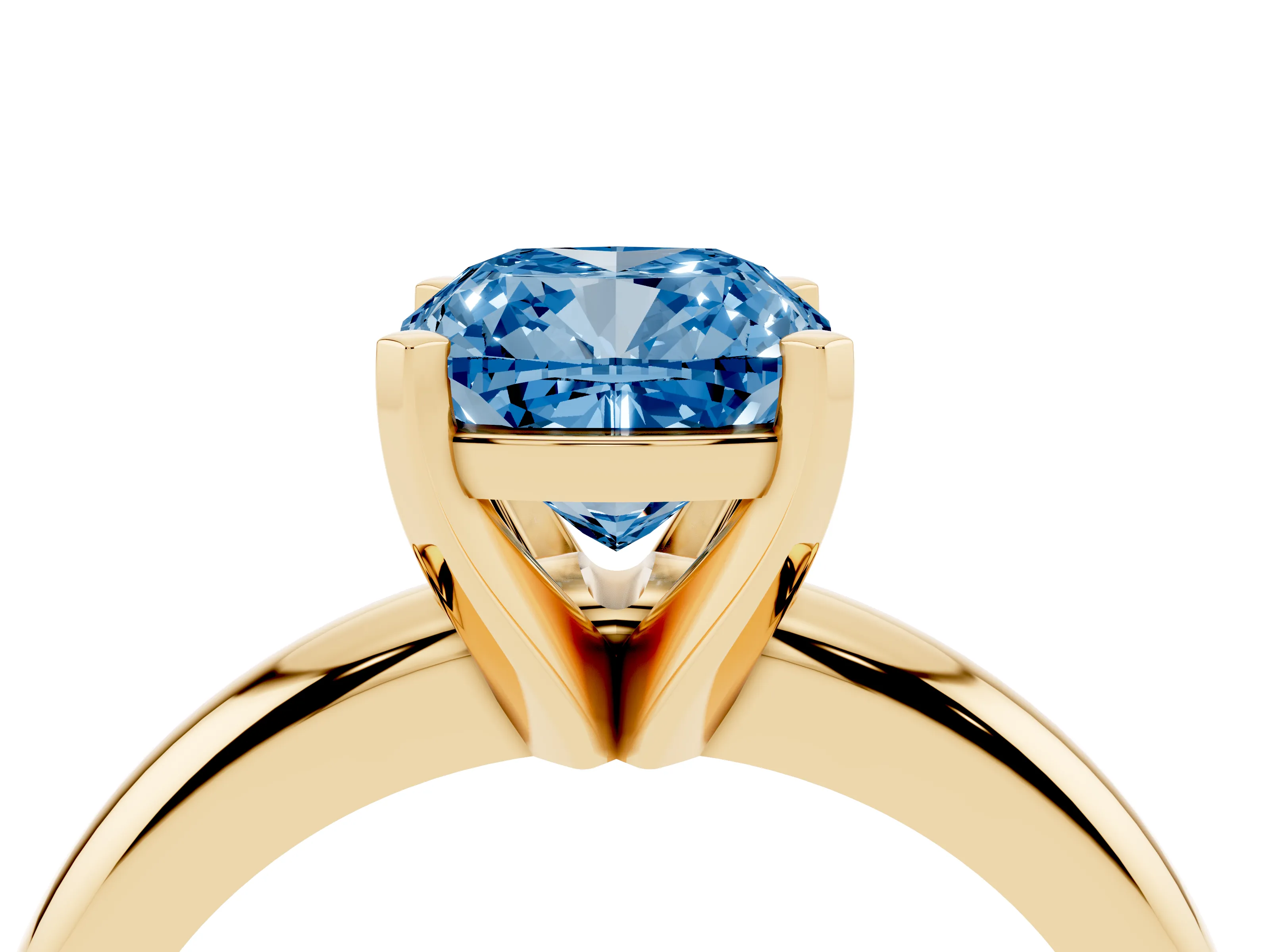 Fancy Blue Cushion Cut Diamond Solitaire Engagement Ring Set in Yellow gold with Round Band and Prong Setting