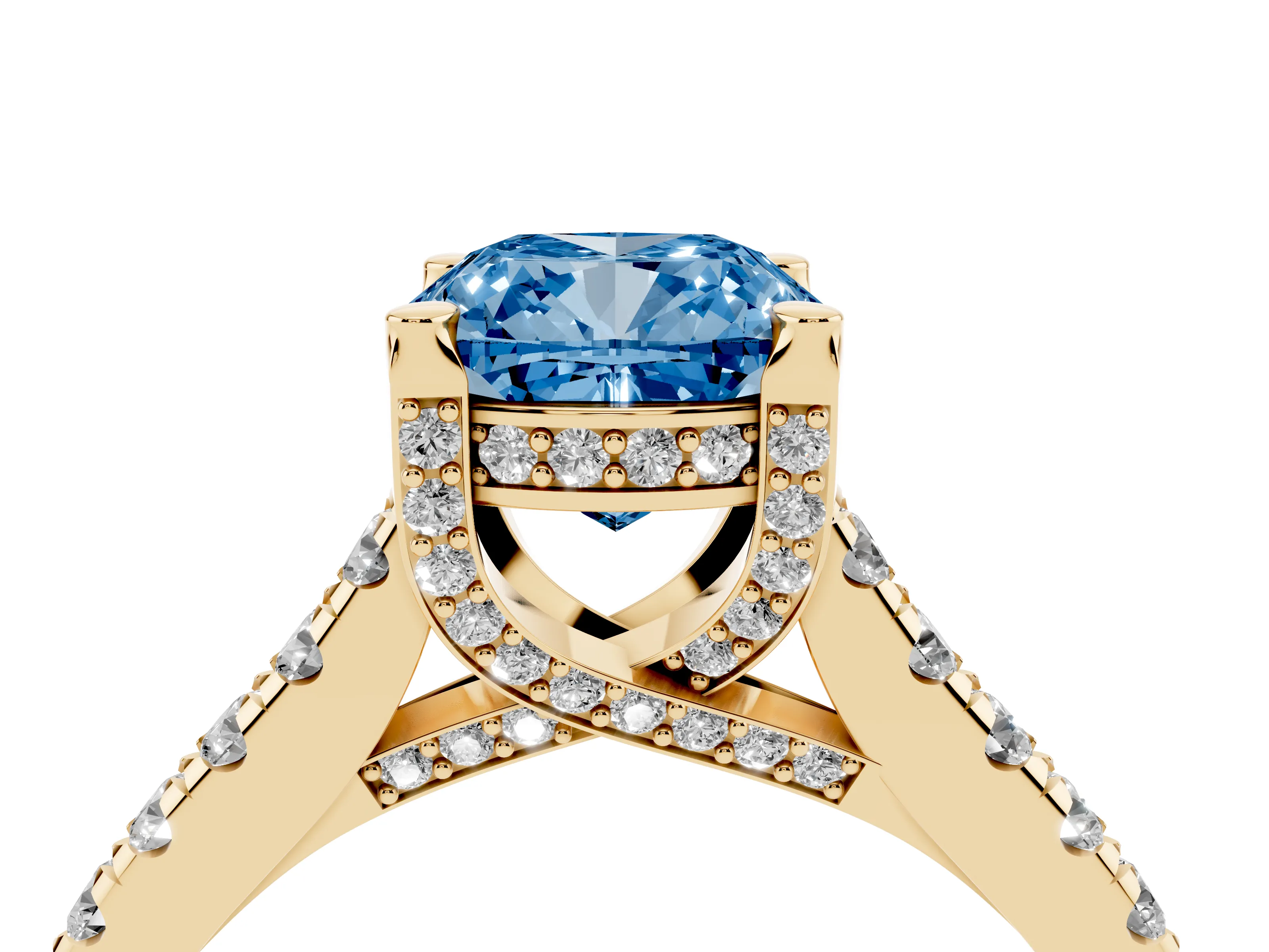 Fancy Blue Cushion Cut Diamond Solitaire Ring Set in Yellow gold with Brilliant Pavé Band and Prong Setting