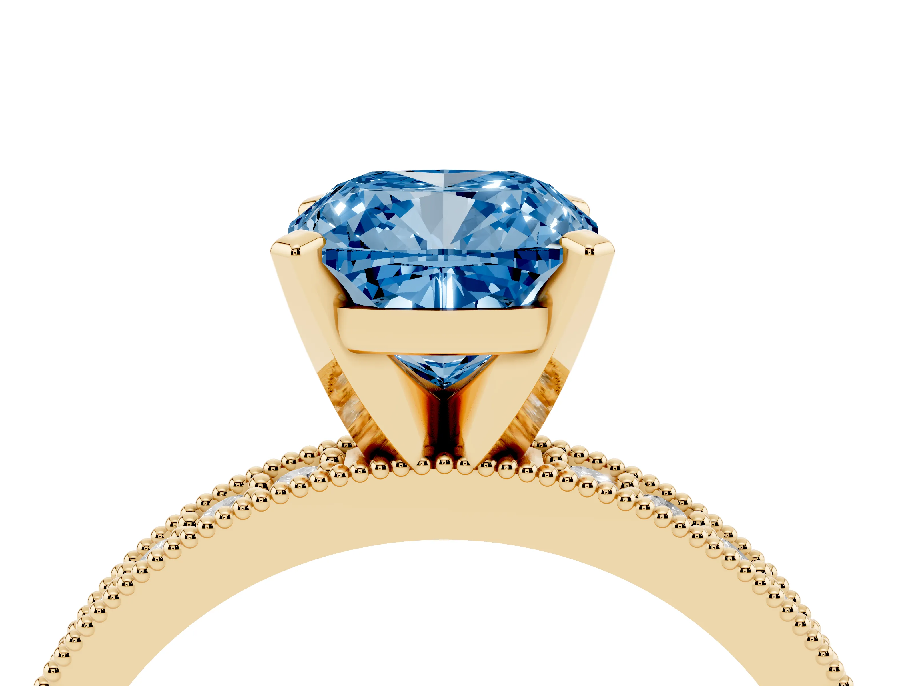 Fancy Blue Cushion Cut Diamond Milgrain Pavé Engagement Ring Set in Yellow gold with Prong Setting
