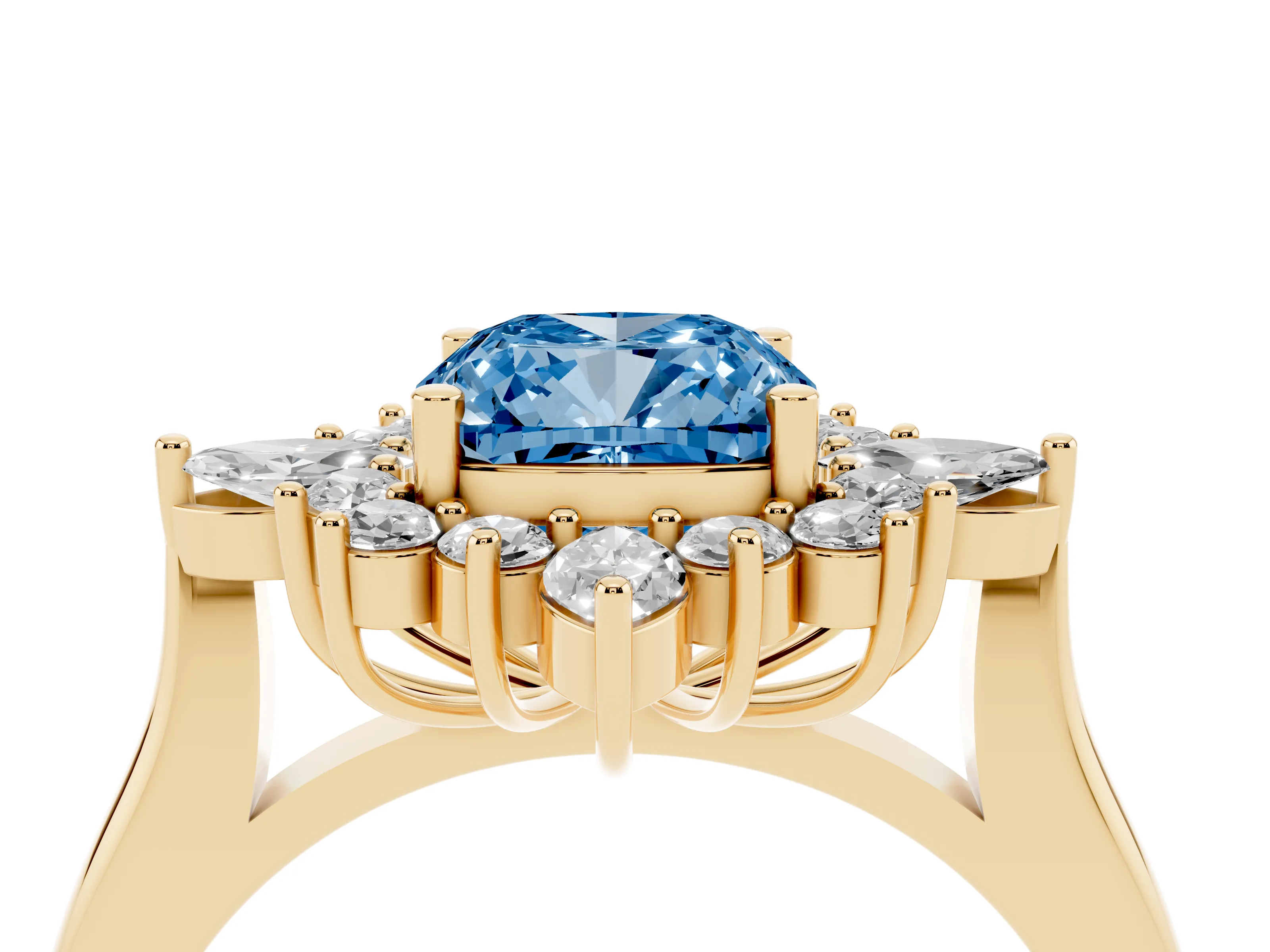 Fancy Blue Cushion Cut Diamond Cluster Halo Ring Set in Yellow gold with Marquise and Round Accents